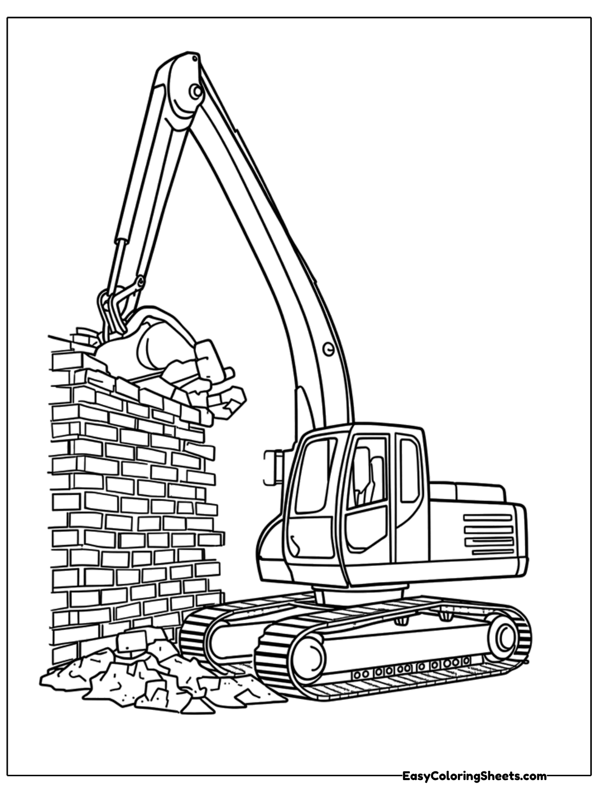 An excavator uses its long arm to knock down a brick wall at a demolition site.