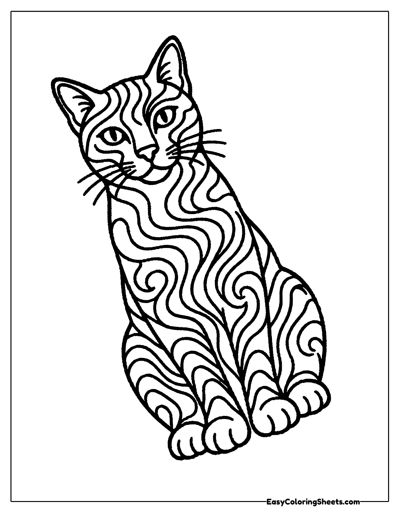 Sitting cat filled with big flowing swirl bands from ears to paws