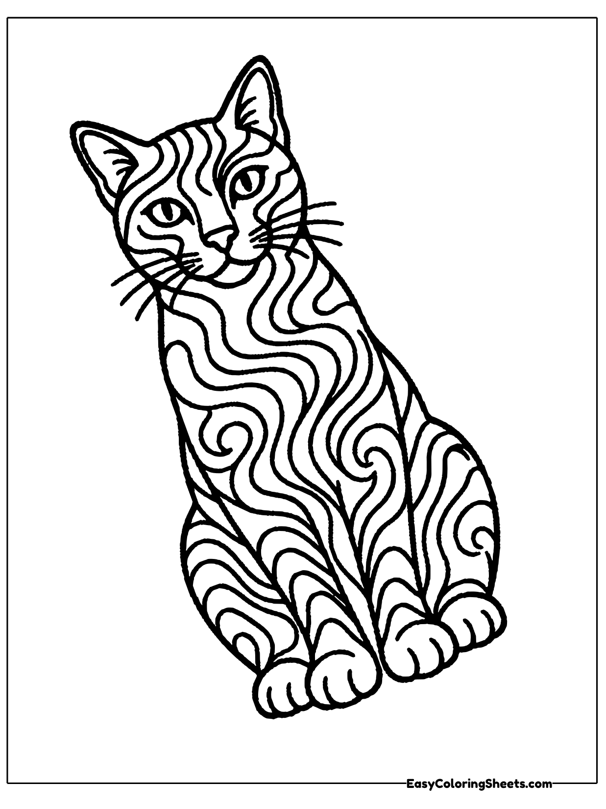 A tall sitting cat is filled with big flowing swirl lines that wave and curl across its whole body from ears to paws.