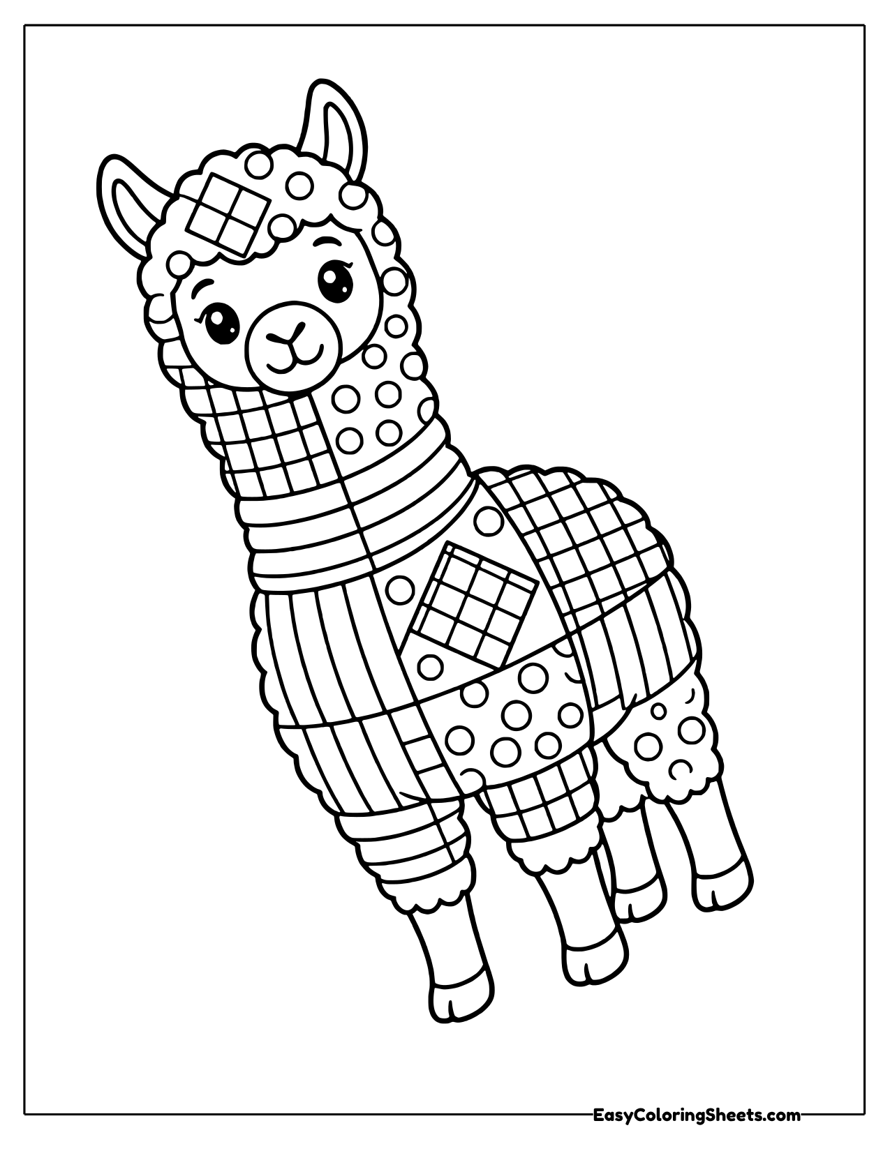 Fluffy llama in a patchwork coat of grid squares, stripes, dots and a diamond