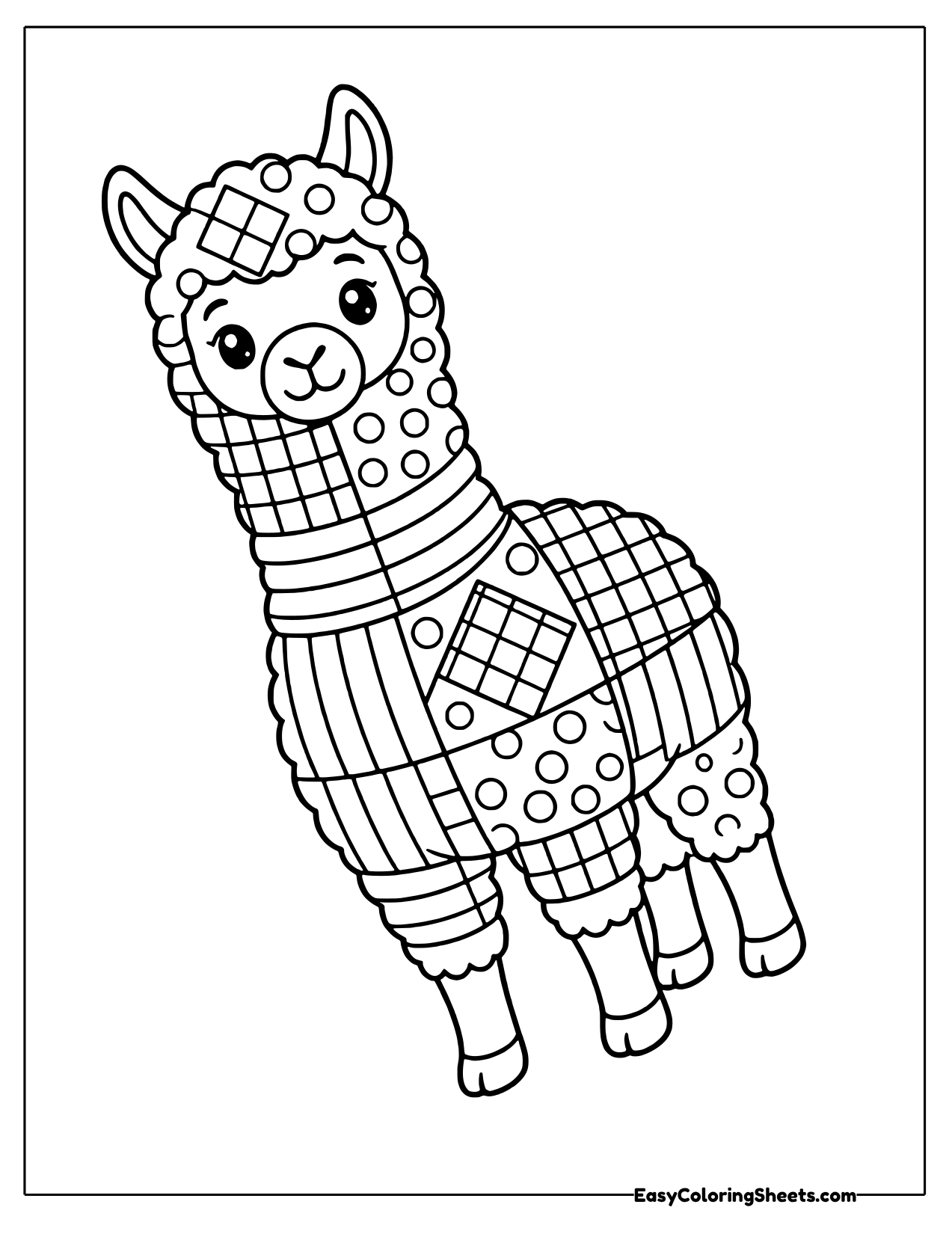 Fluffy llama in a patchwork coat of grid squares, stripes, dots and a diamond