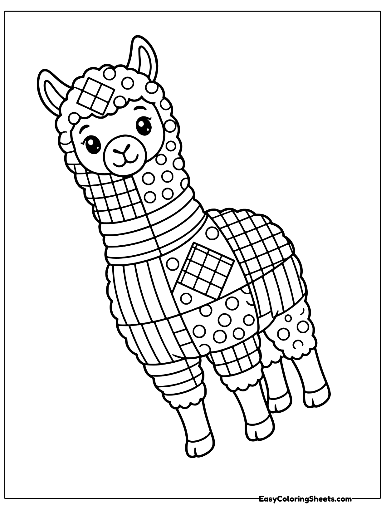 A fluffy llama trots forward wearing a coat of big patchwork blocks, with grid squares, stripes, polka dot patches.