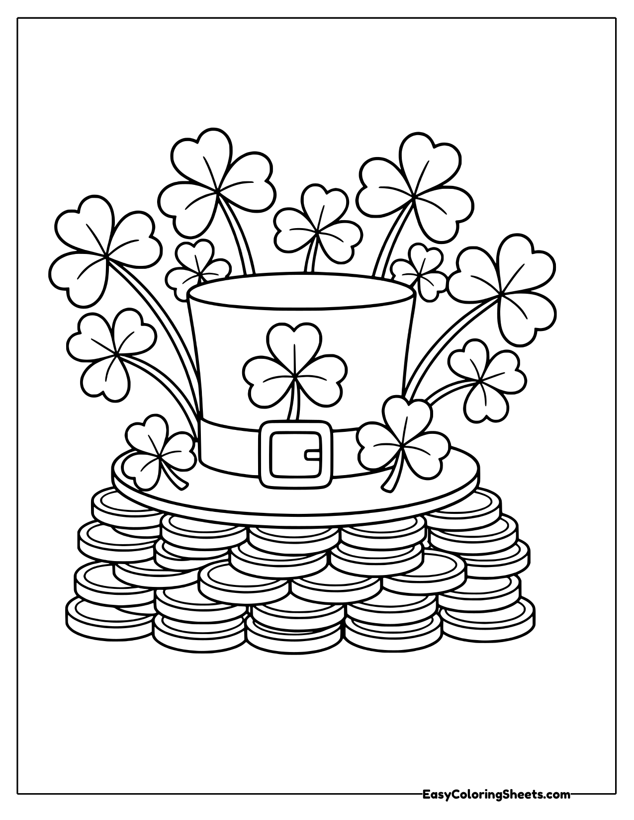 Leprechaun top hat with a buckle resting on stacks of gold coins surrounded by clovers