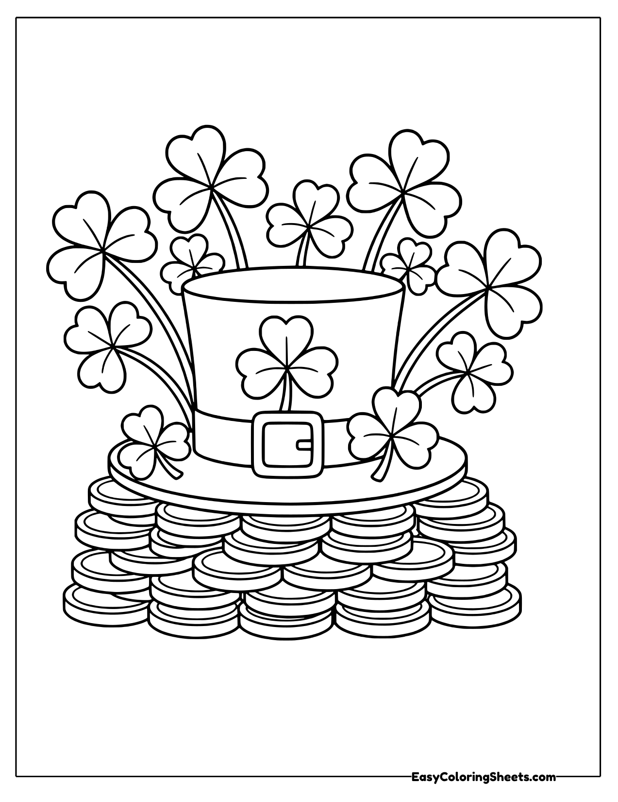 Leprechaun top hat with a buckle resting on stacks of gold coins surrounded by clovers