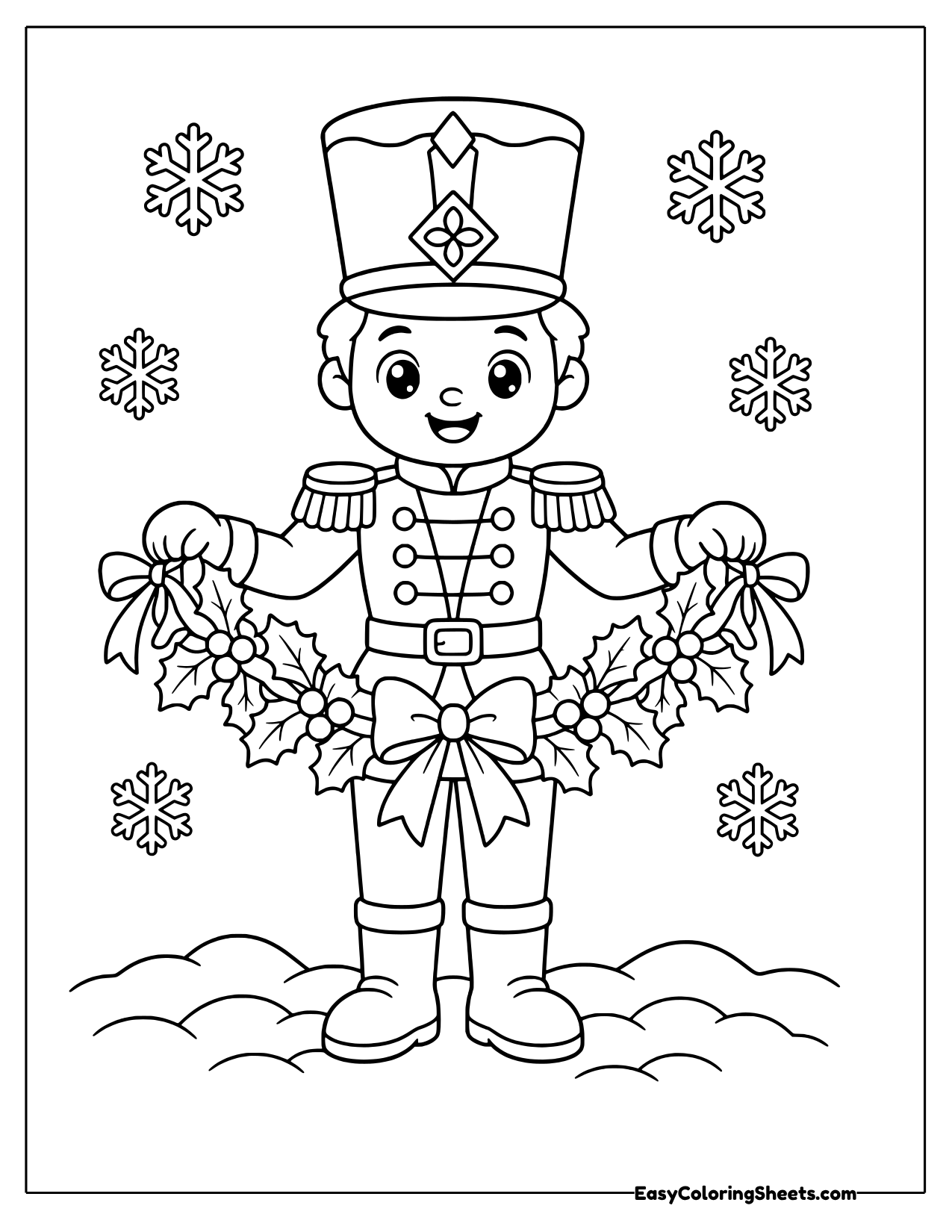 Nutcracker holding a holly garland with bows in front of him