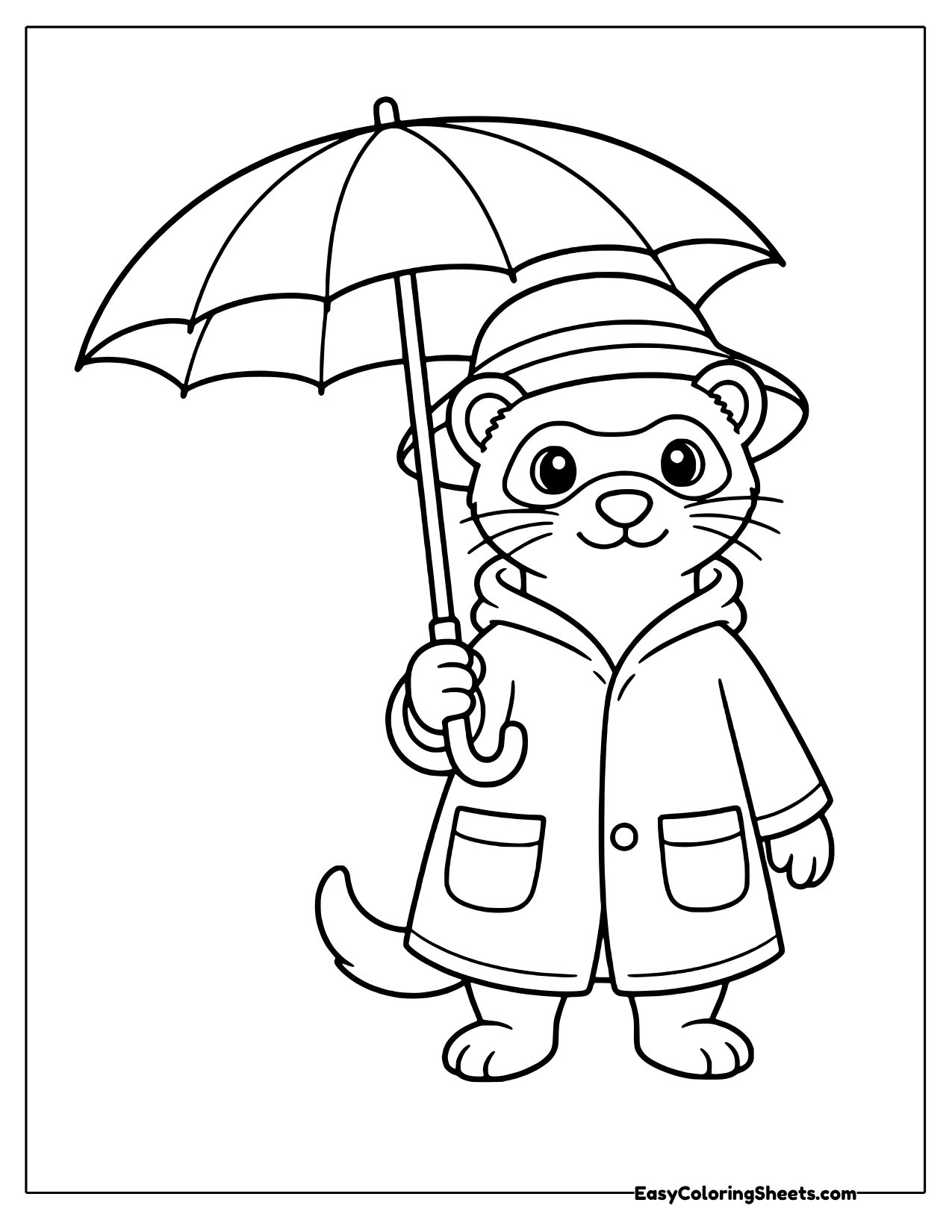 Ferret in a raincoat standing under an open umbrella
