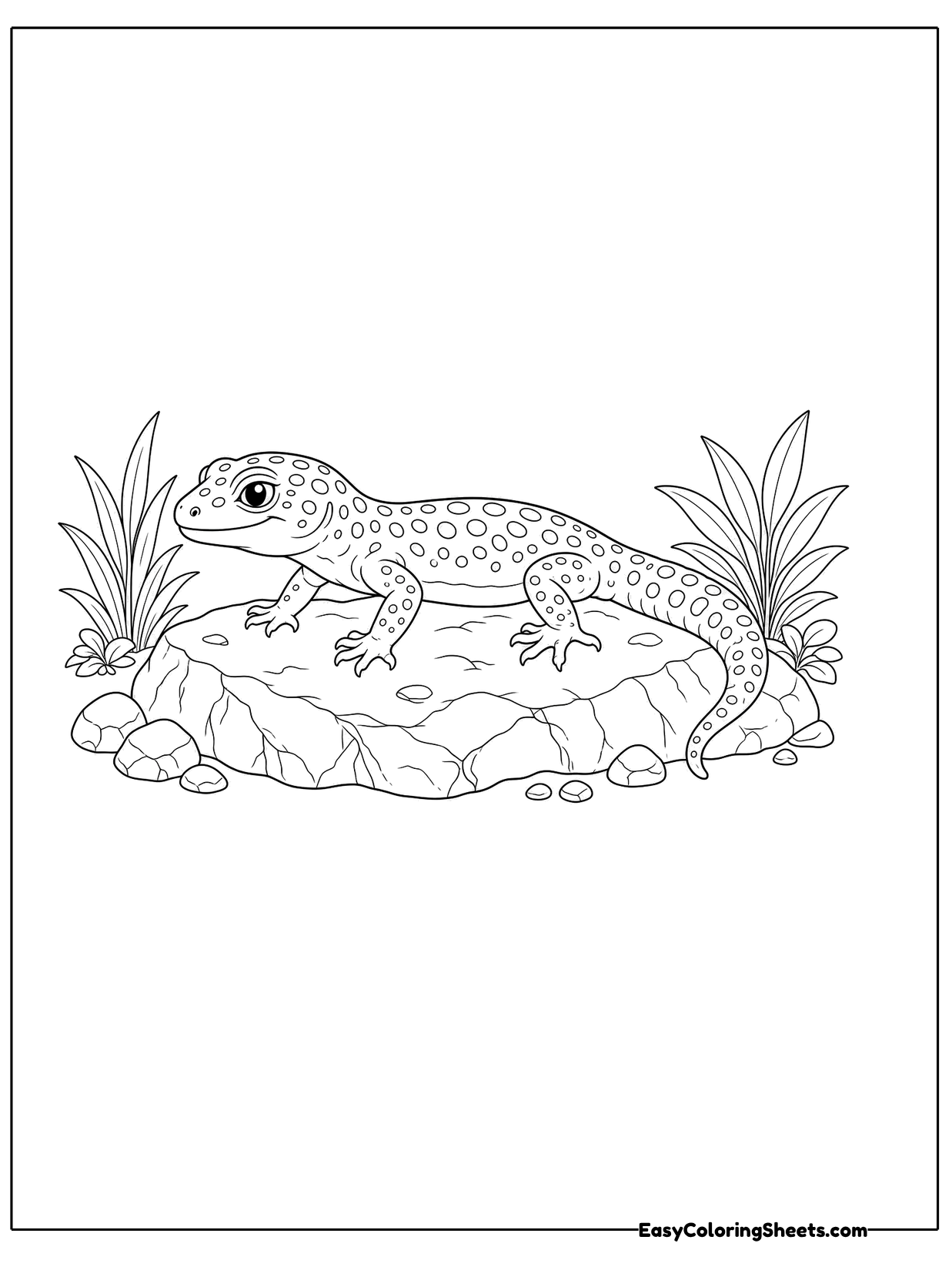 A leopard gecko with a spotted body and thick tail rests on a flat rock beside plants.