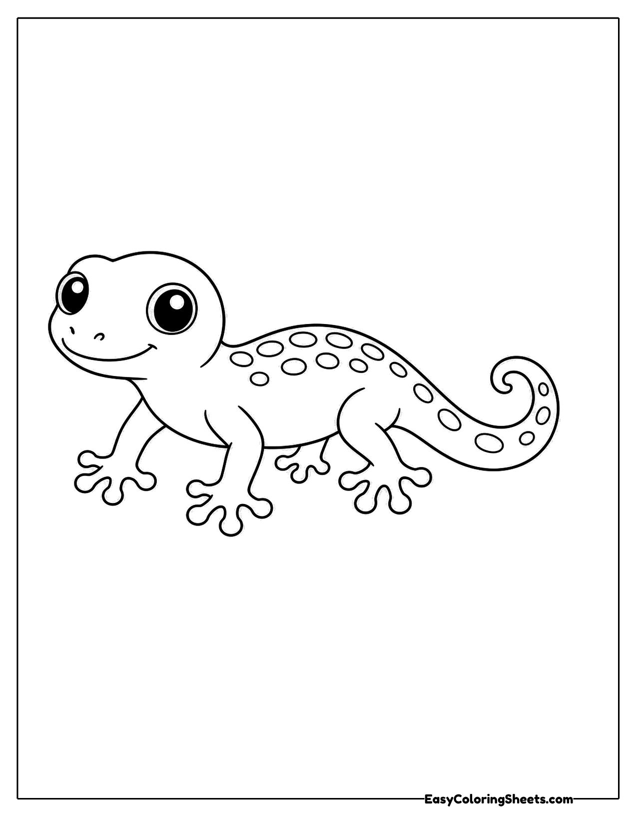 Smiling cartoon gecko character with a spiral tail