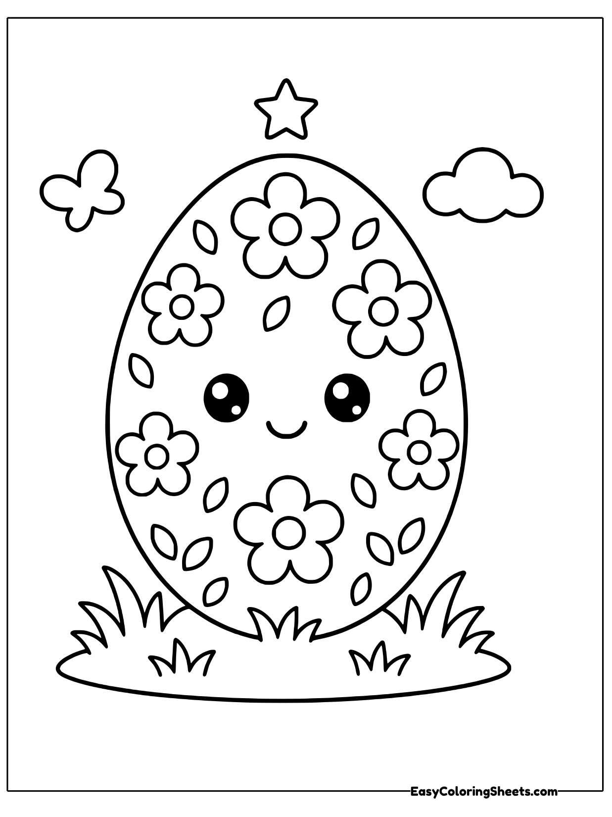 A tall egg covered in a pattern of small flowers smiles from a patch of grass, with a star and clouds above.