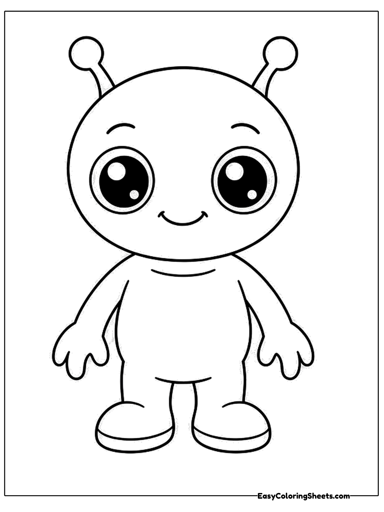 A big-eyed alien with round-tipped antennae stands facing forward with a happy smile.