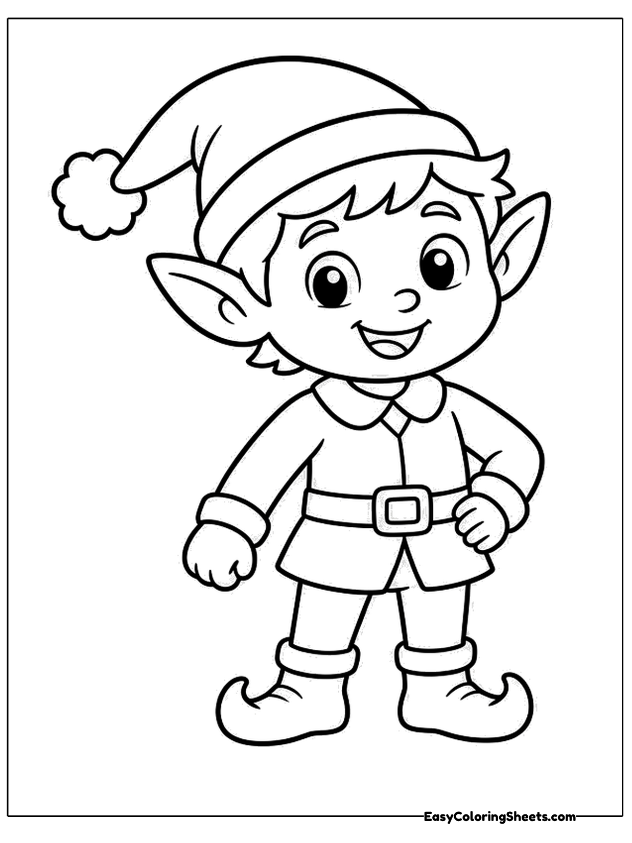 A cute elf stands with a big smile, a floppy hat with a pompom and a jacket cinched with a wide belt.