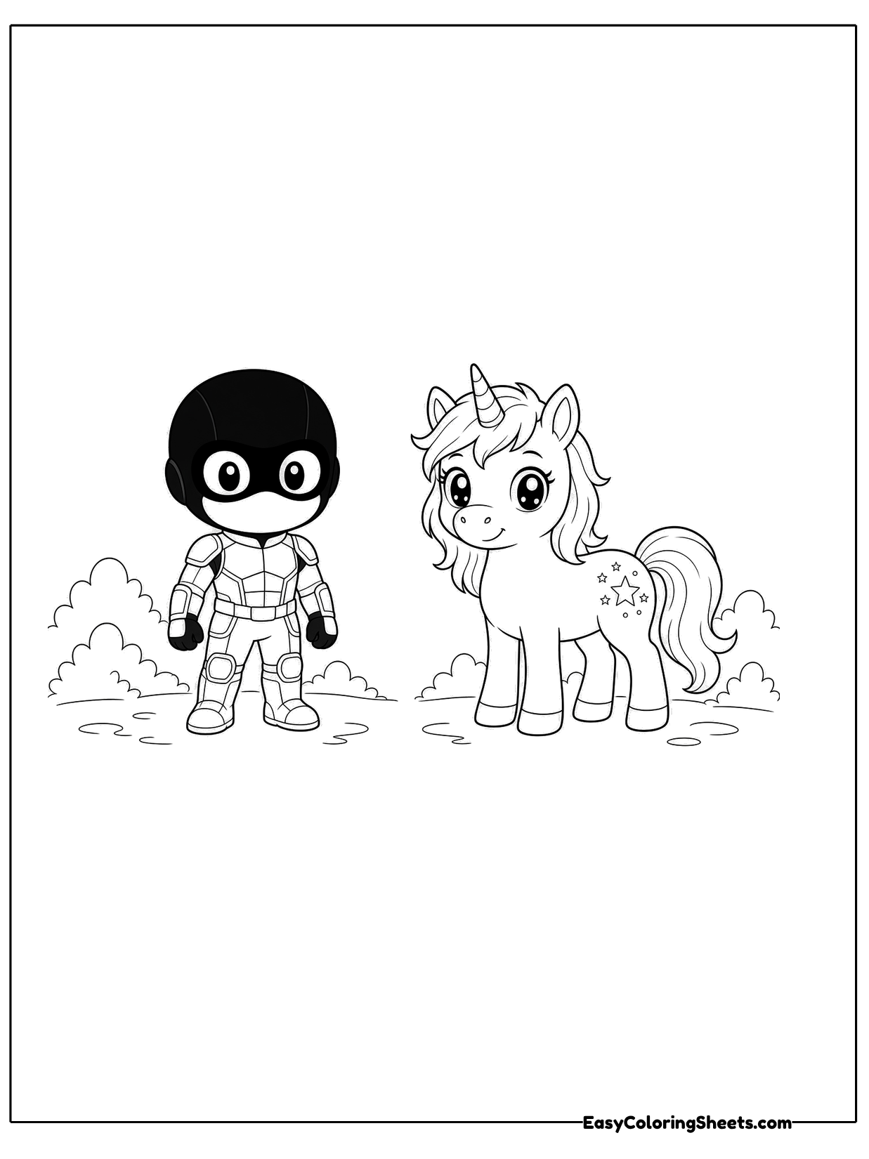 A small masked hero in a suit stands next to a happy unicorn with a flowing mane.