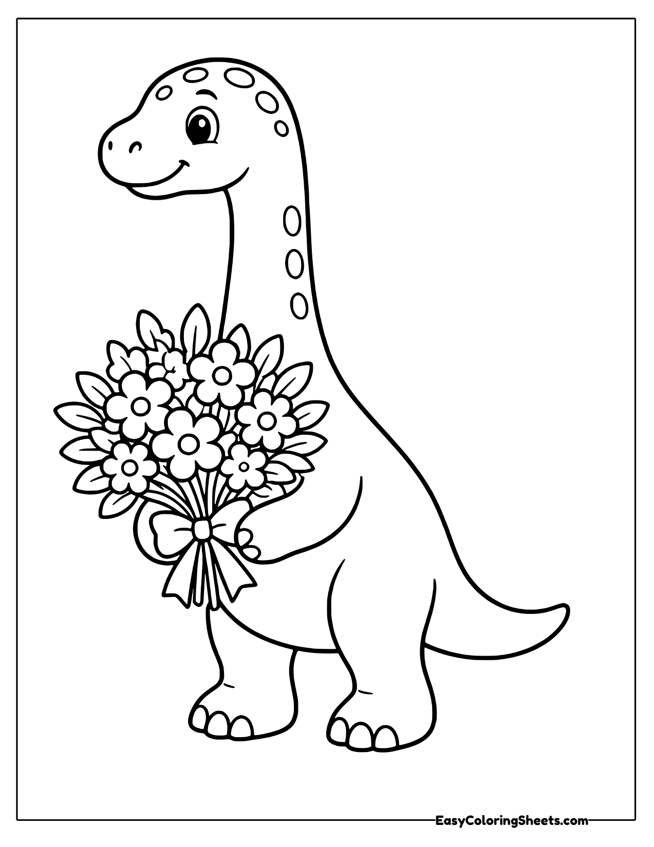 Brachiosaurus holding a large flower bouquet tied with a bow