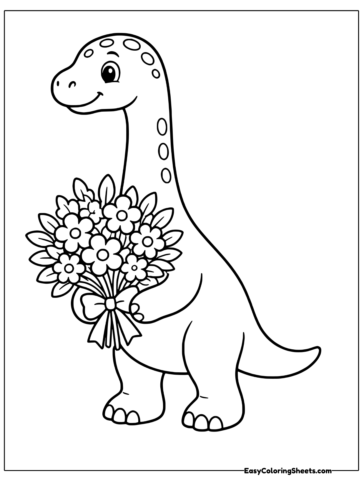 A sweet brachiosaurus stands holding a big bouquet of flowers tied with a ribbon bow.