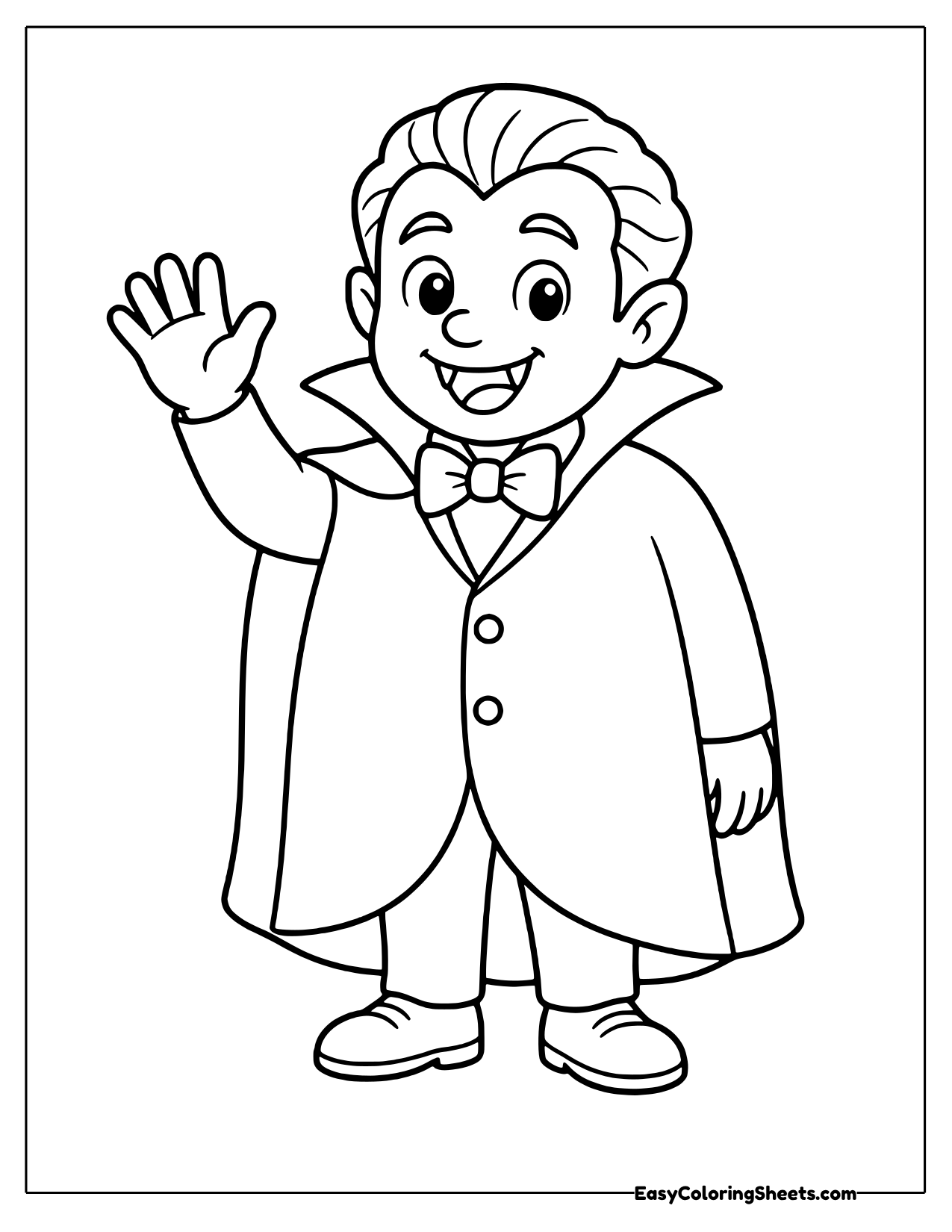 A friendly vampire boy raises one hand in a big wave, his long cape hanging behind him.