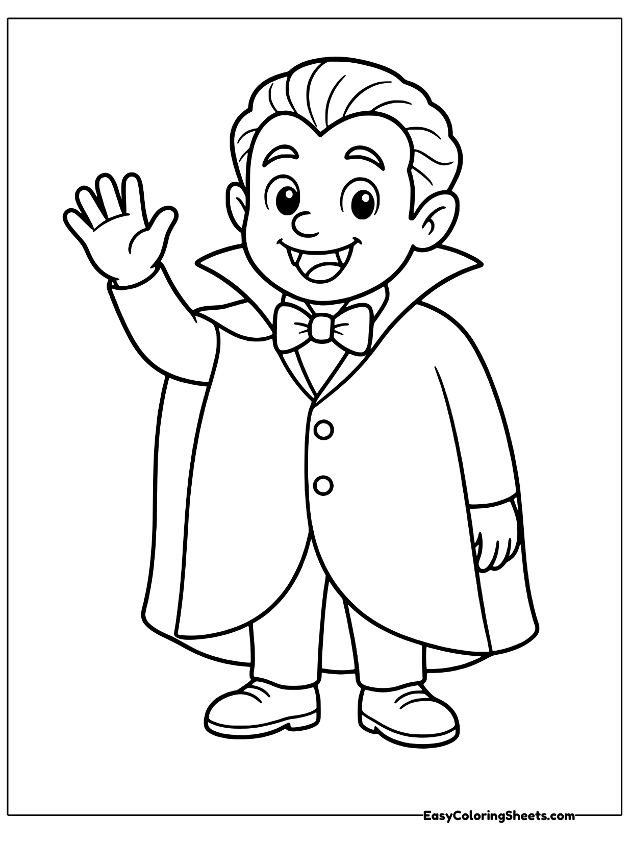 A friendly vampire boy raises one hand in a big wave, his long cape hanging behind him.