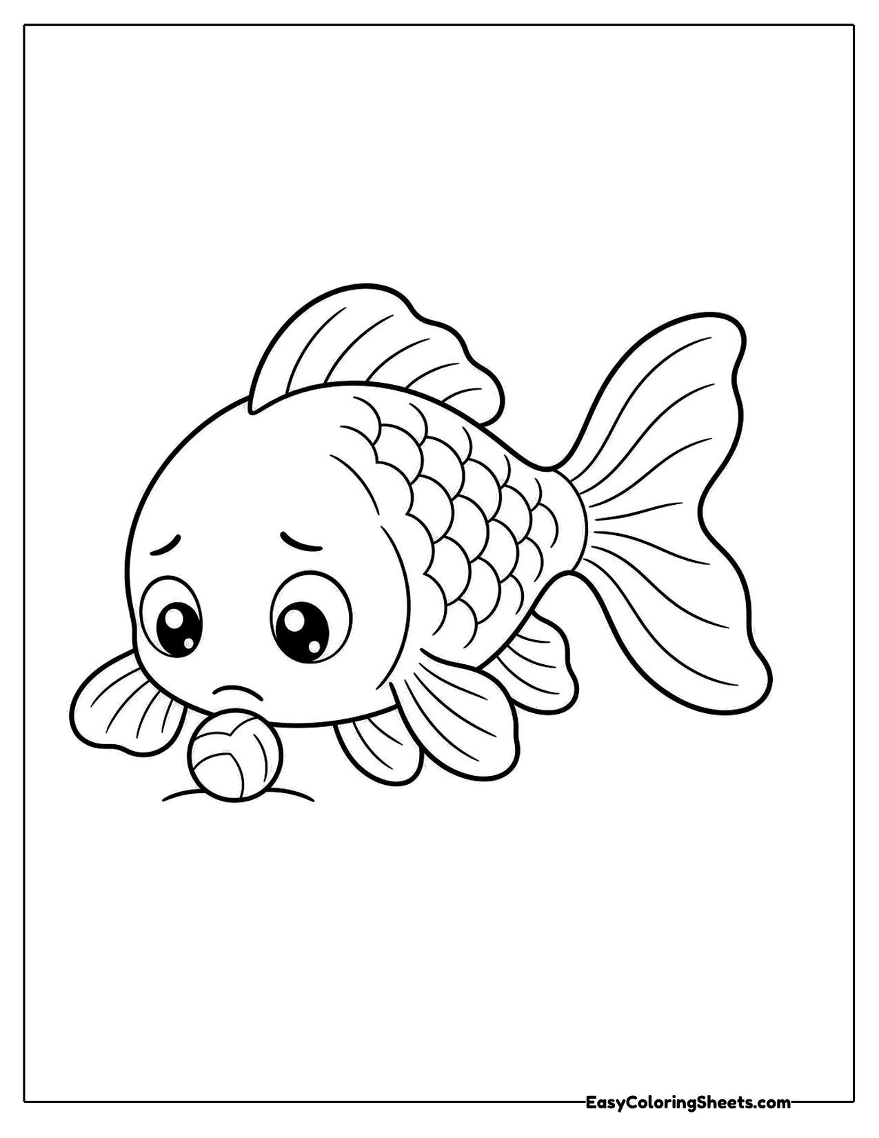Goldfish looking down at a small pebble