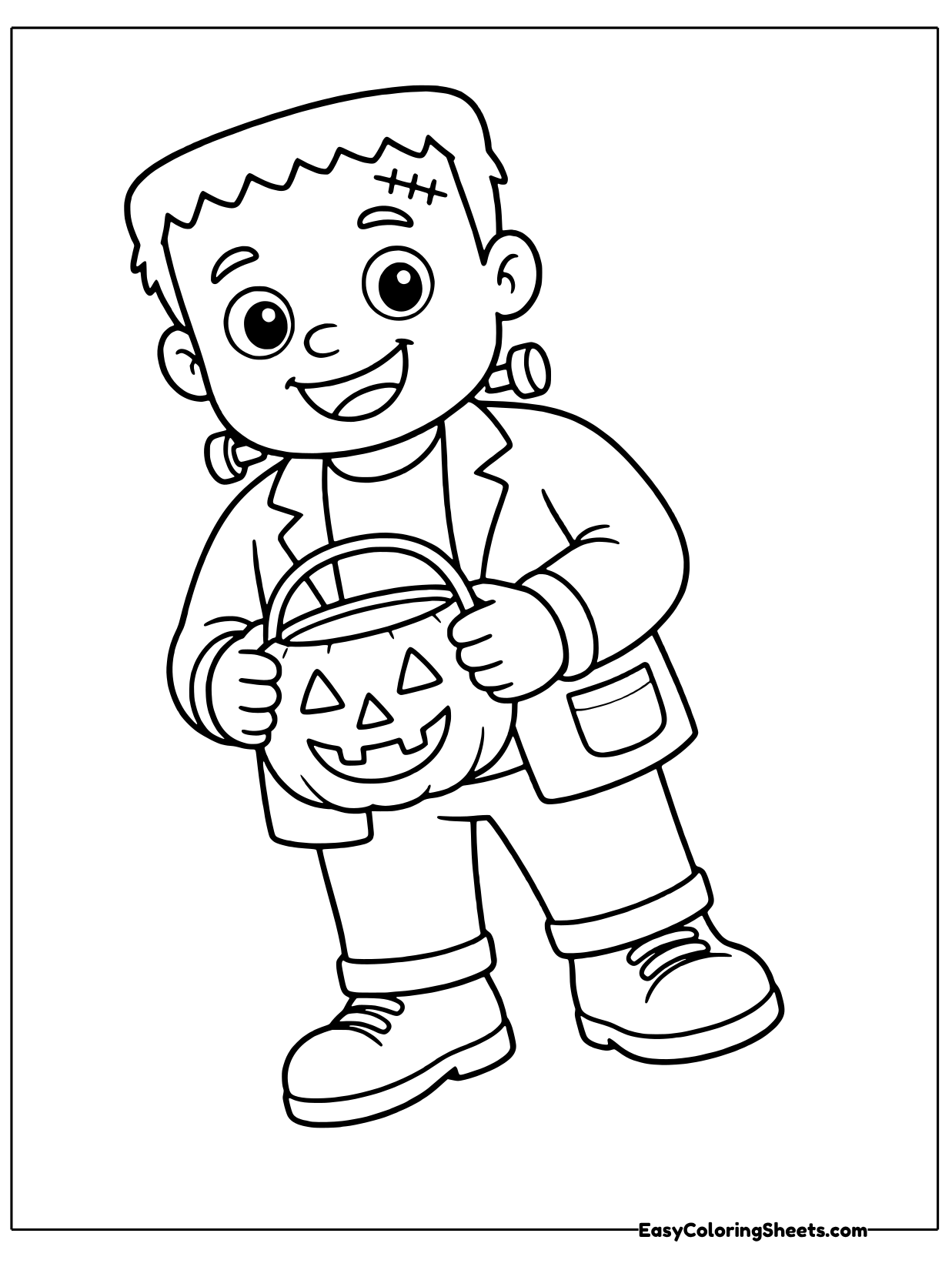 A friendly monster holds a pumpkin shaped treat bucket with a carved face, ready for trick or treating.