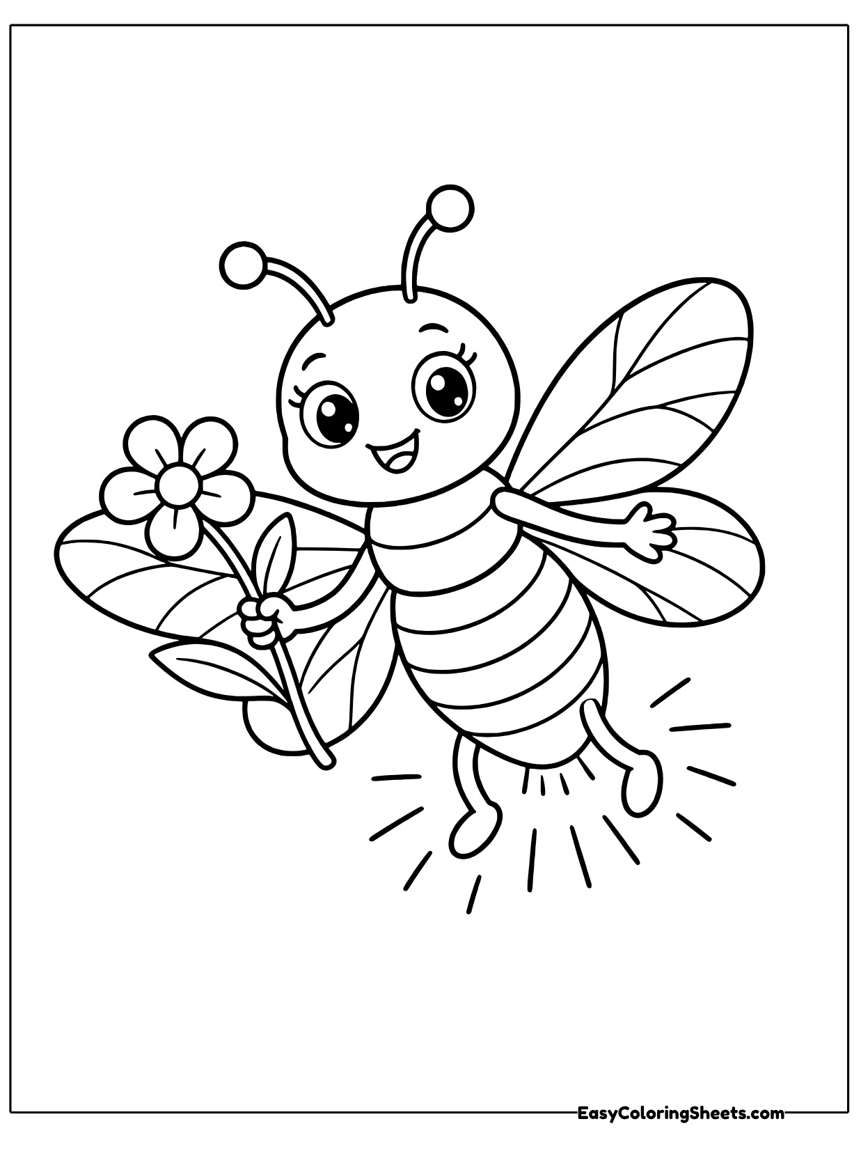 A smiling firefly zips through the air holding a five petal blossom in one hand.