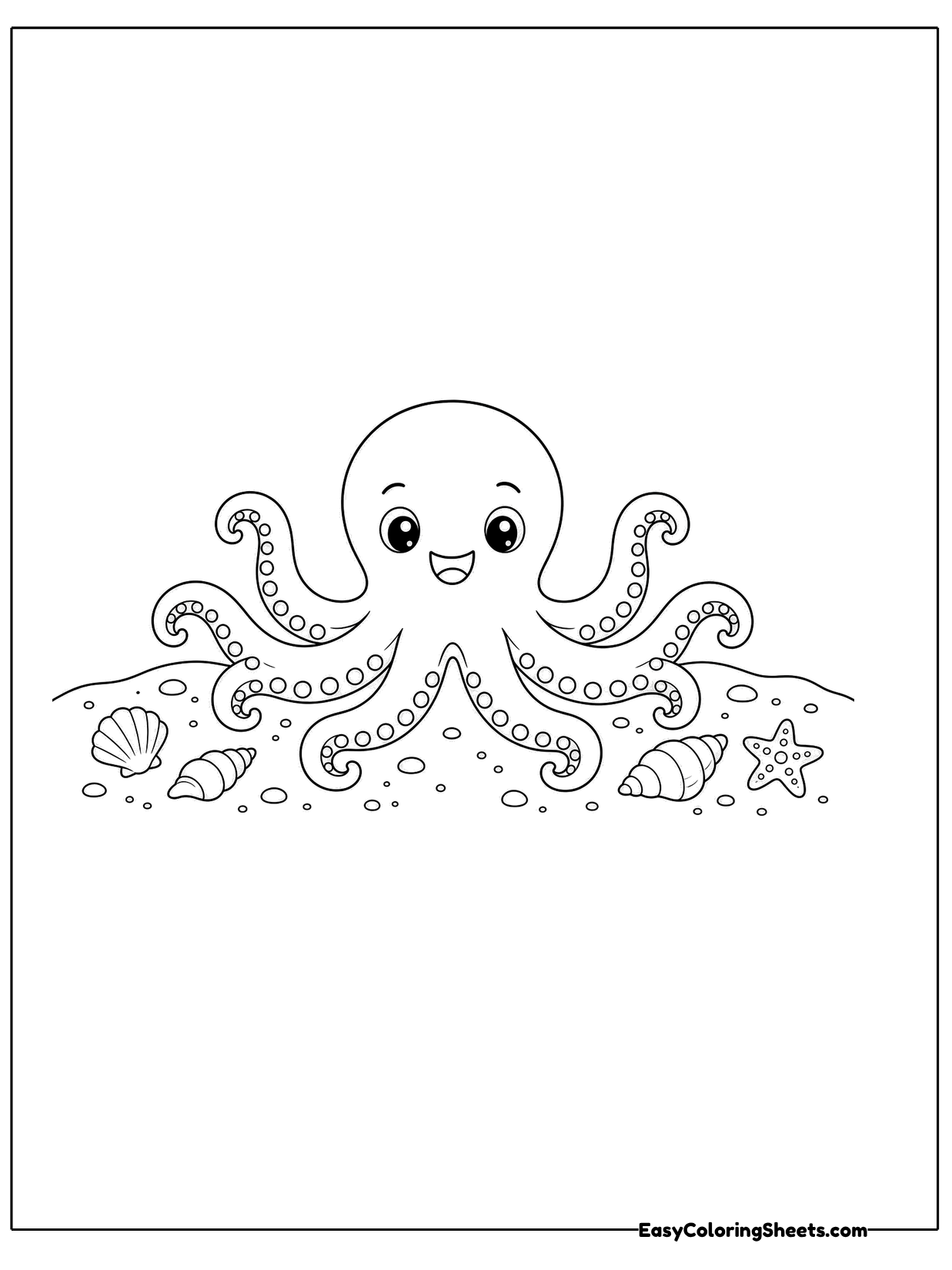 A smiling octopus sits on the sea floor with its curly arms spread out around shells and pebbles.