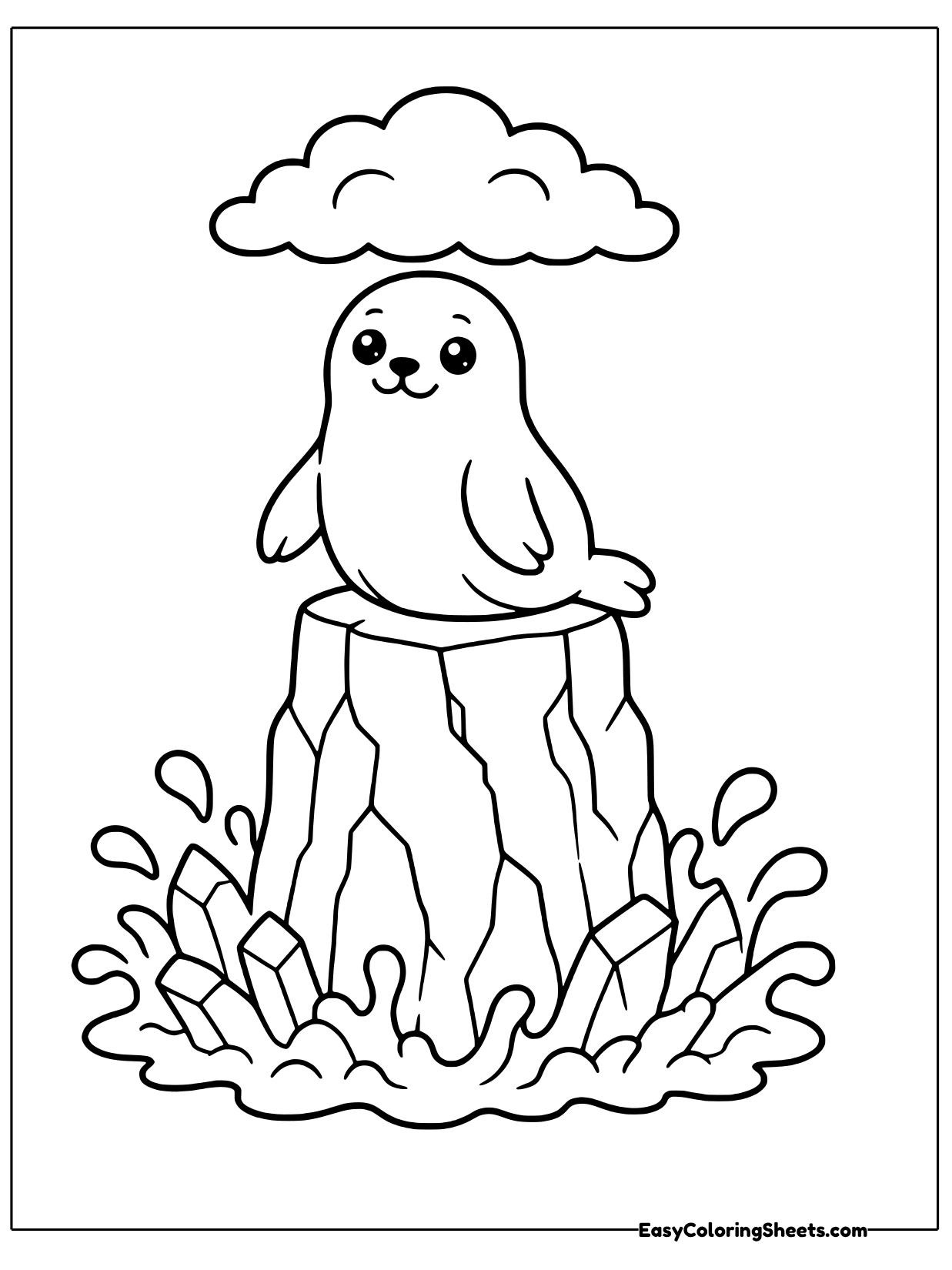 A seal sits proudly on top of a tall jagged rock while waves splash around the base.