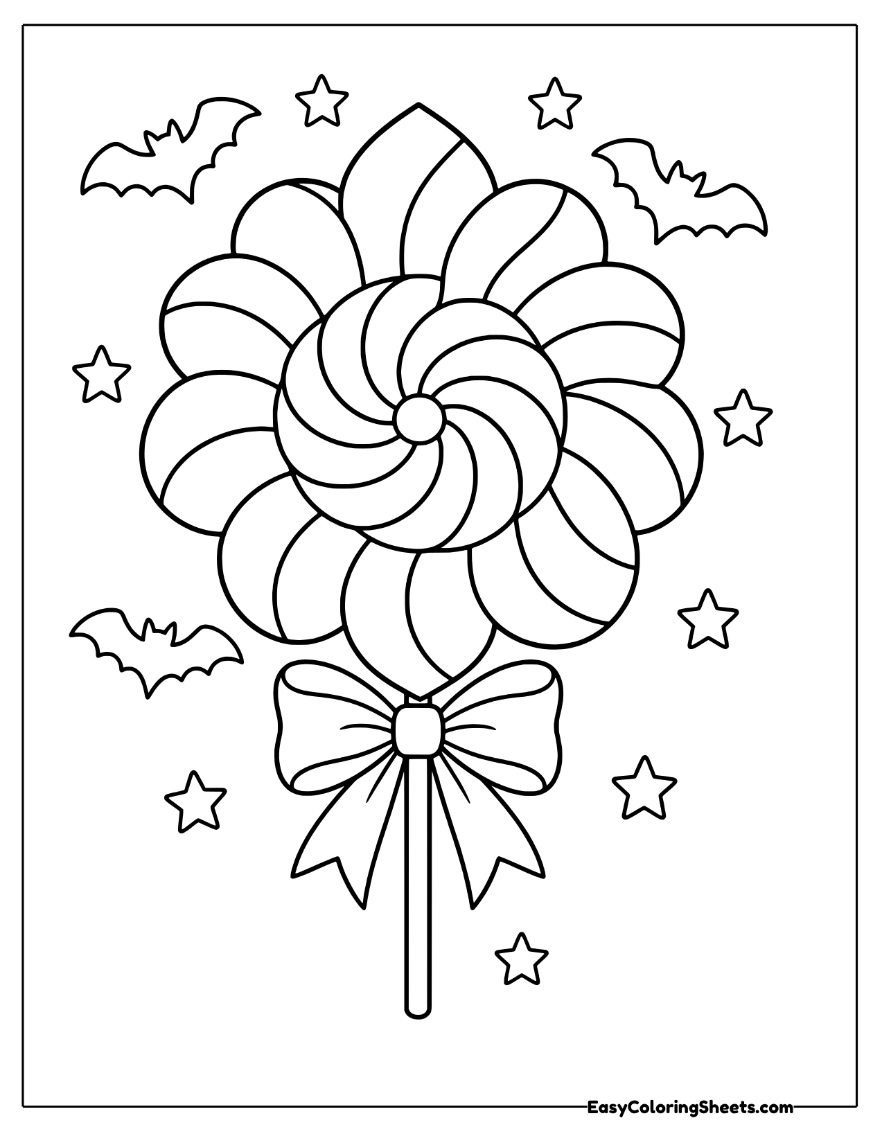 Swirl lollipop mandala with a bow on the stick, surrounded by bats and stars