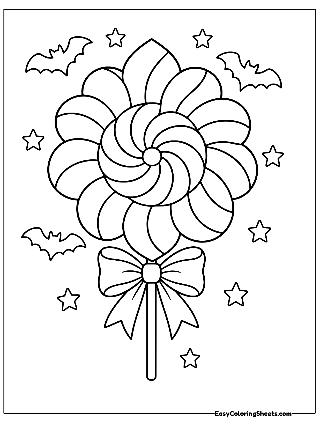 A giant swirl lollipop on a stick is wrapped with a big bow, its round candy made of curling petal shapes that spin toward.