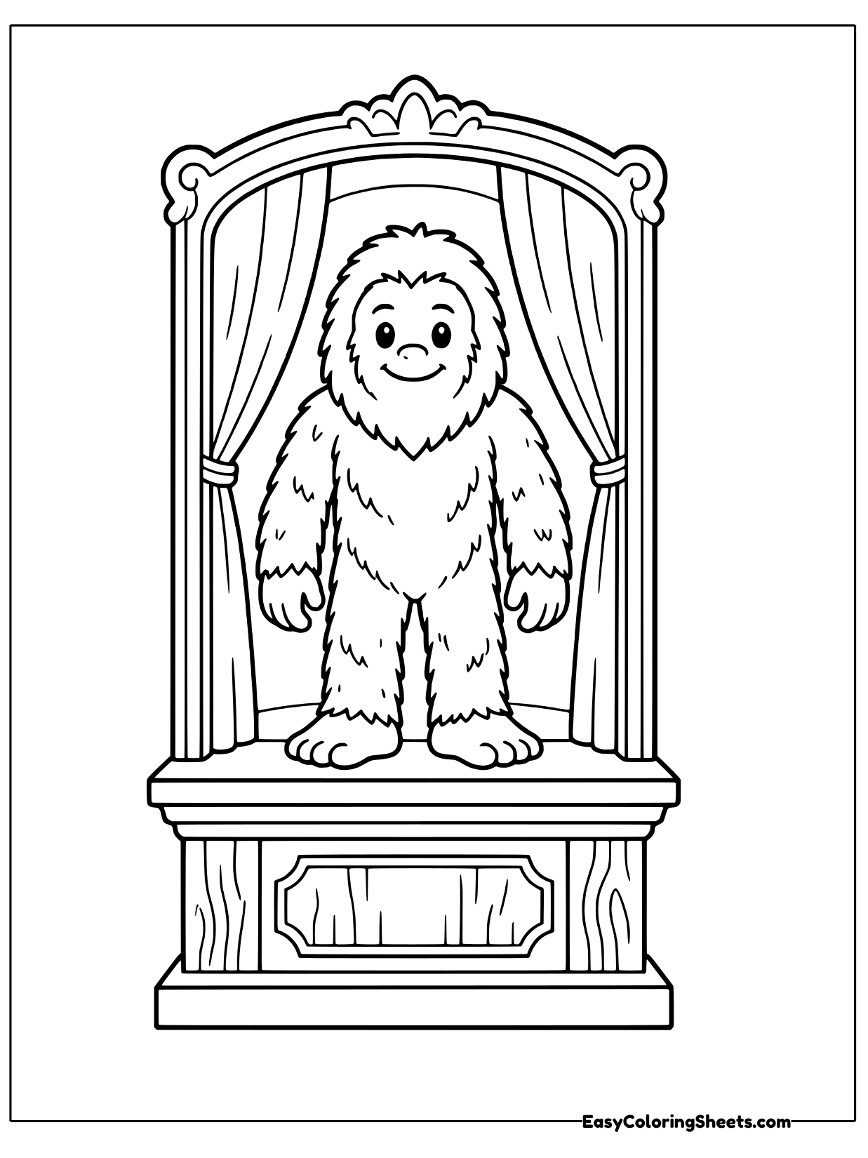 A Bigfoot stands inside an ornate display frame with curtains on each side and a fancy base.