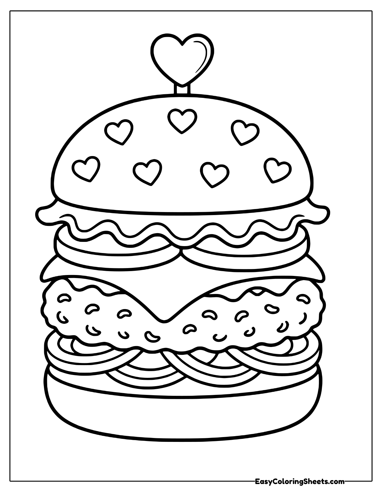 Burger with heart shapes on the bun and a heart pick