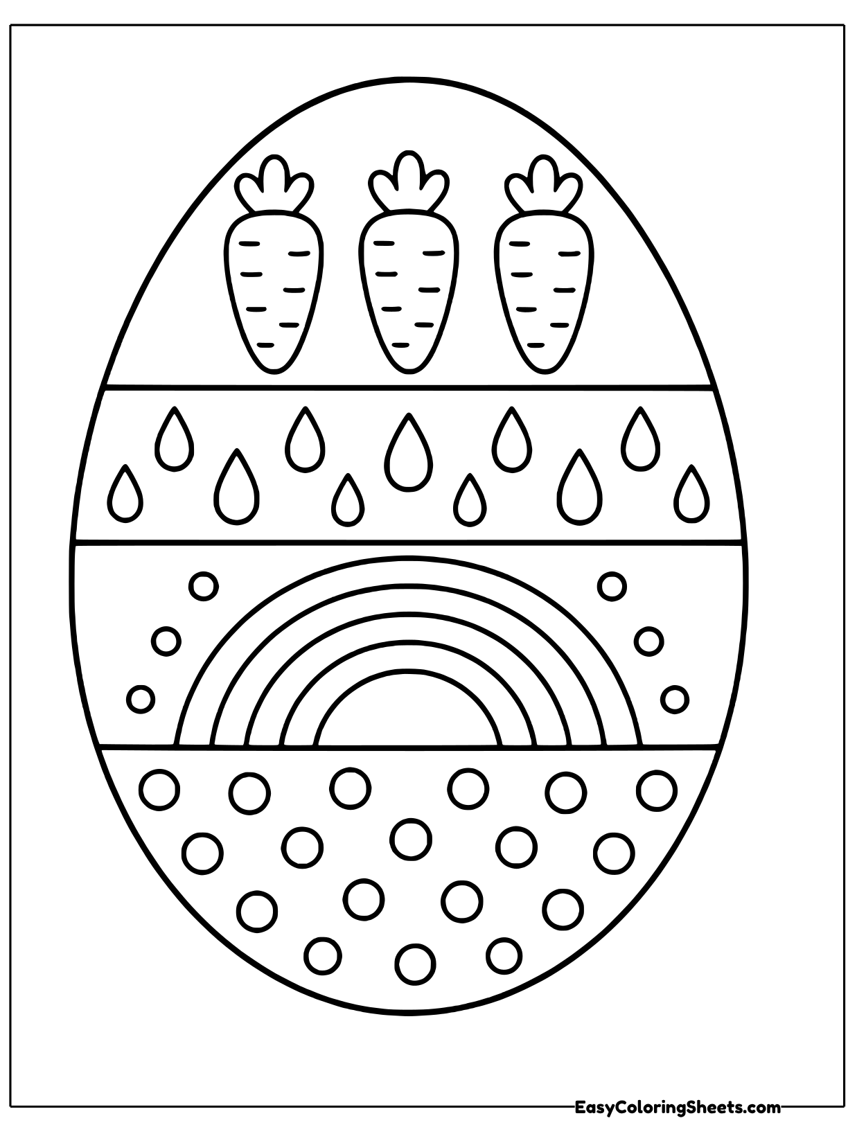An egg template shows a row of carrots at the top, a rainbow in the middle and raindrops and dots around it.
