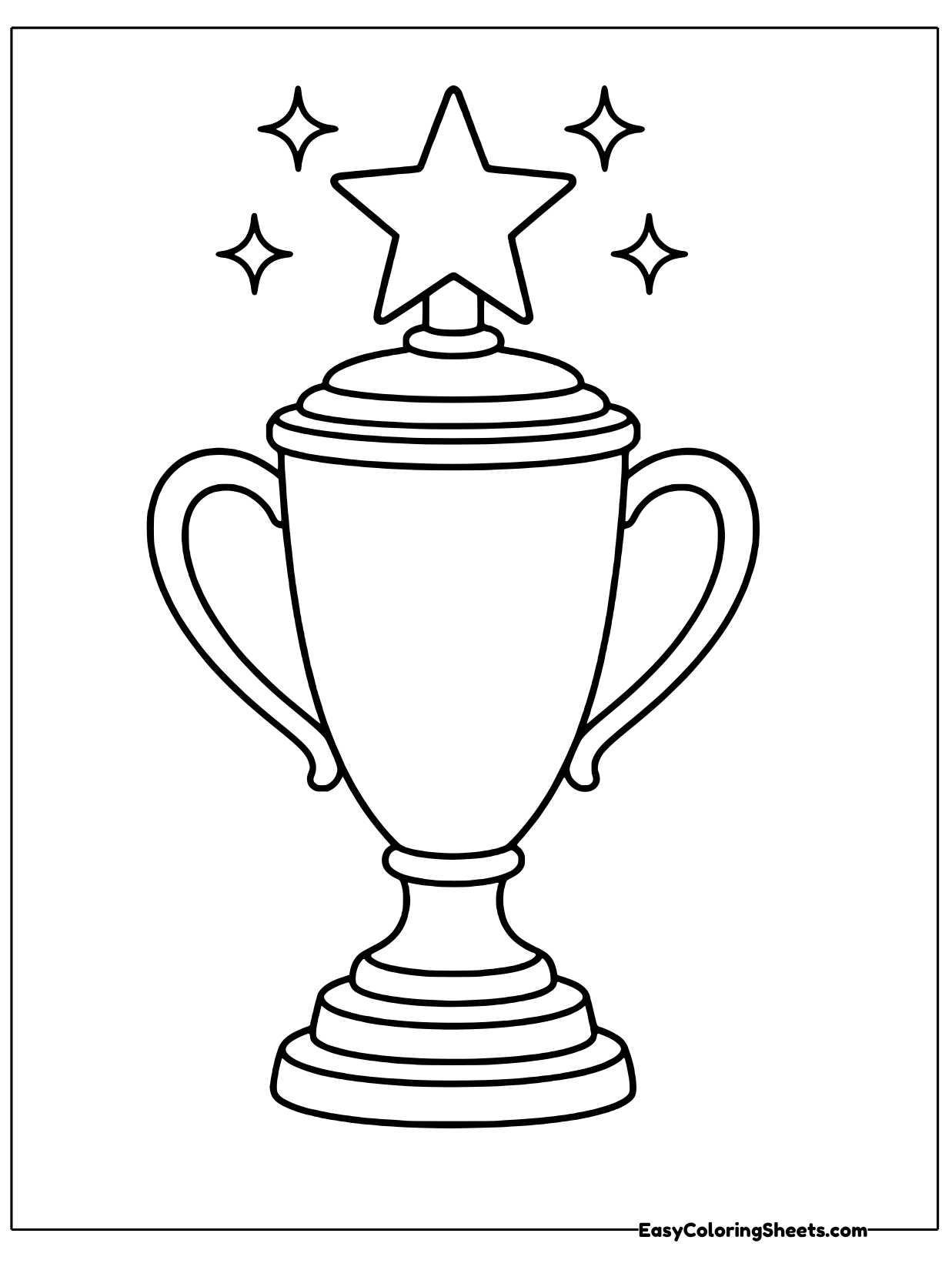 A shiny trophy with two handles and a base is crowned with a star while sparkles shine around it.