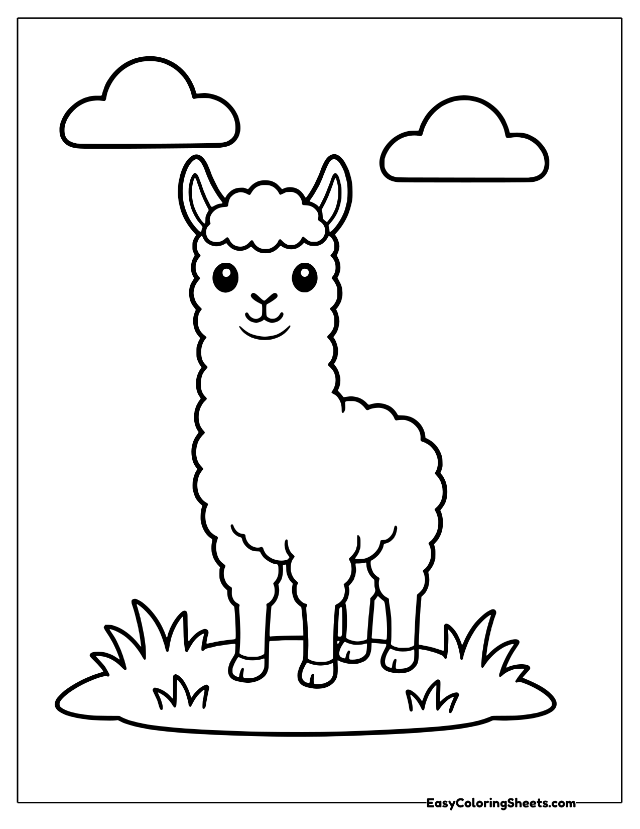 Fluffy llama standing under two clouds