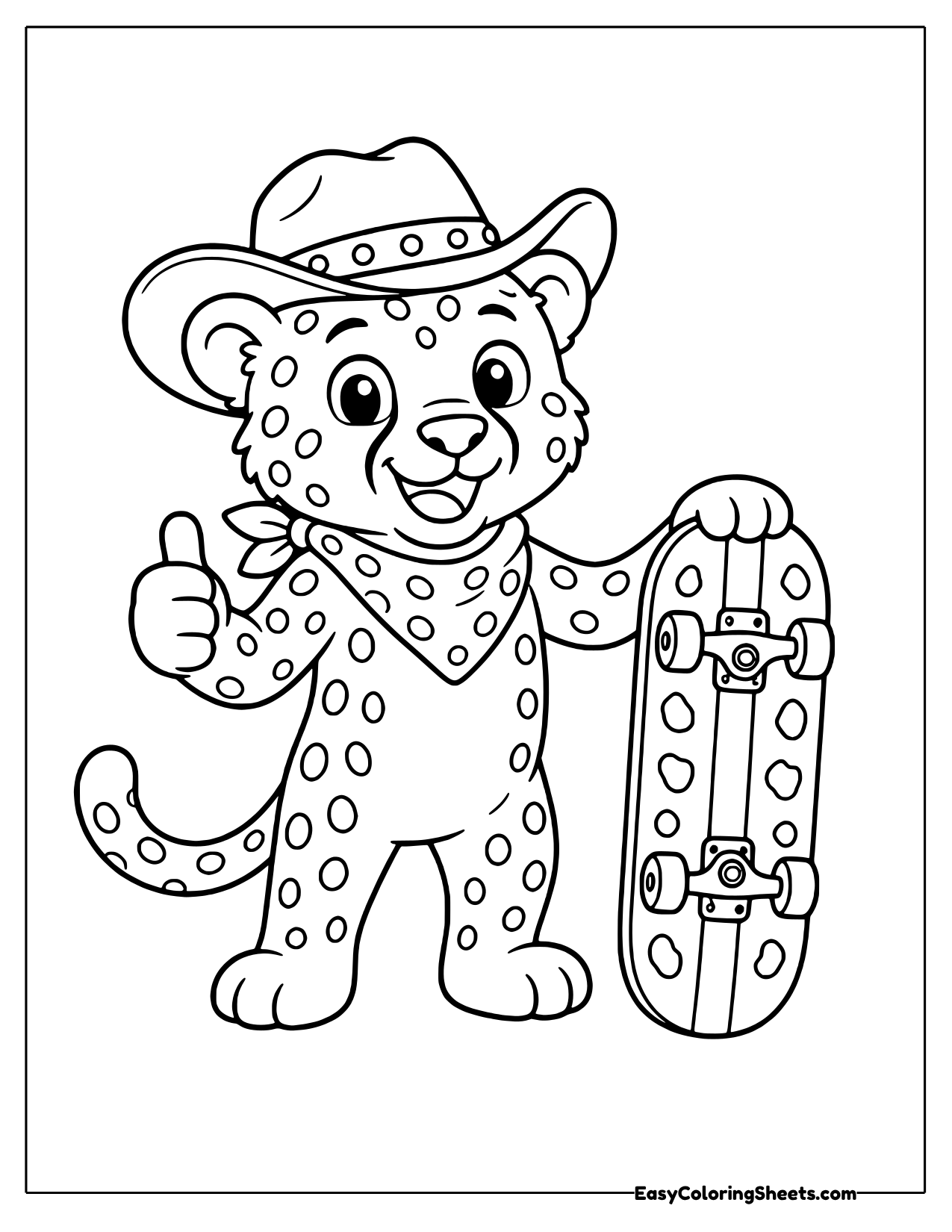 Cheetah cowboy in a hat and bandana giving a thumbs up beside a skateboard