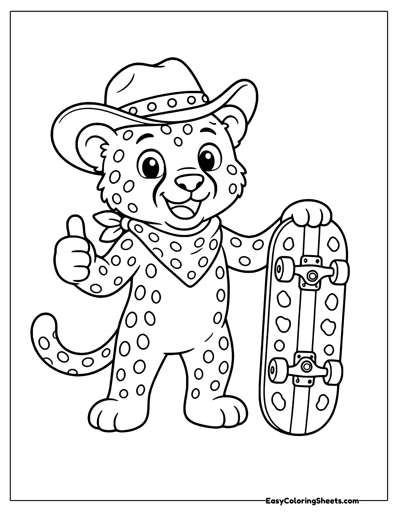 Cheetah cowboy in a hat and bandana giving a thumbs up beside a skateboard