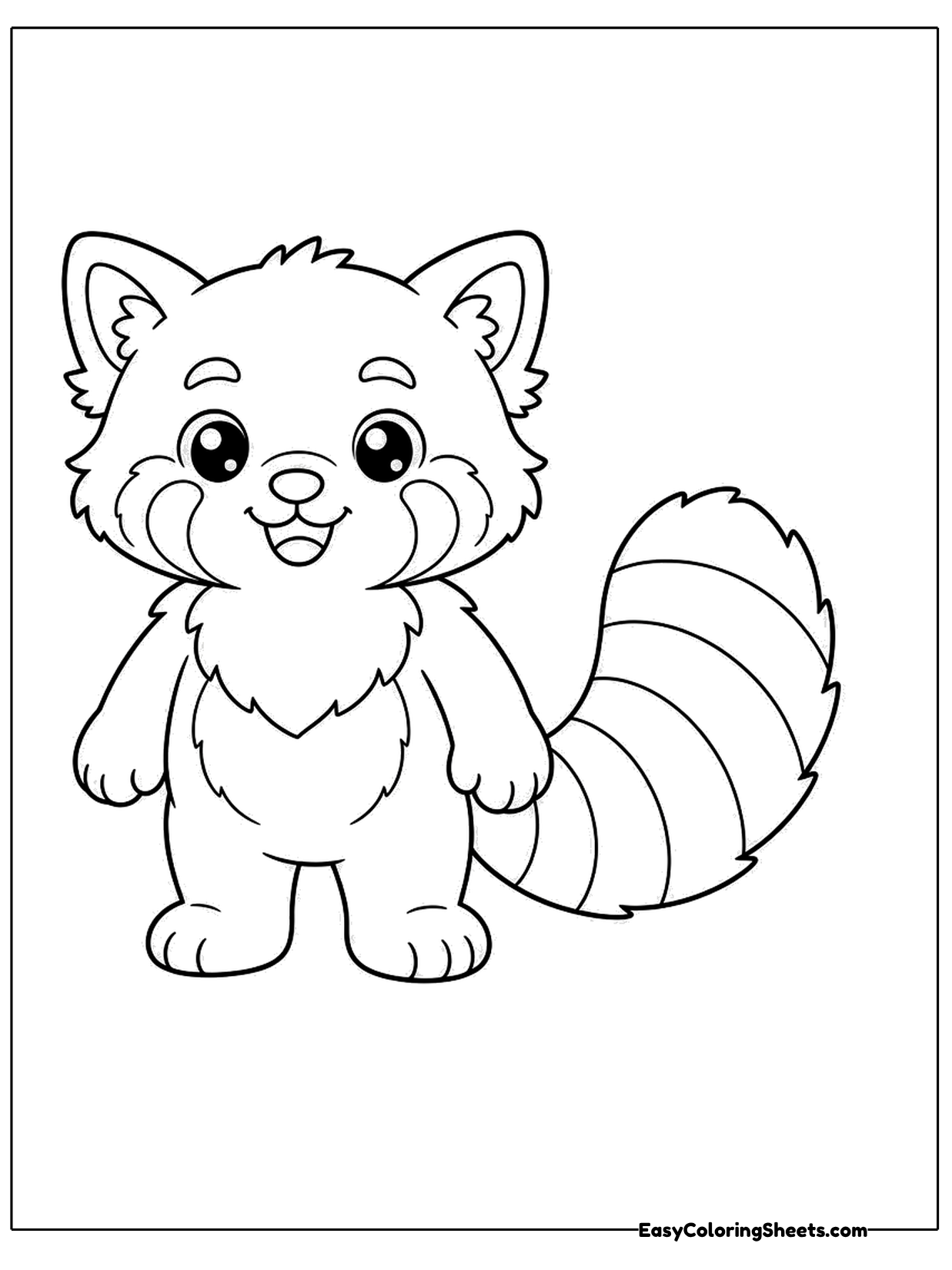 A cartoon red panda stands upright with a cheerful smile, fluffy chest fur and a huge striped tail curving behind.