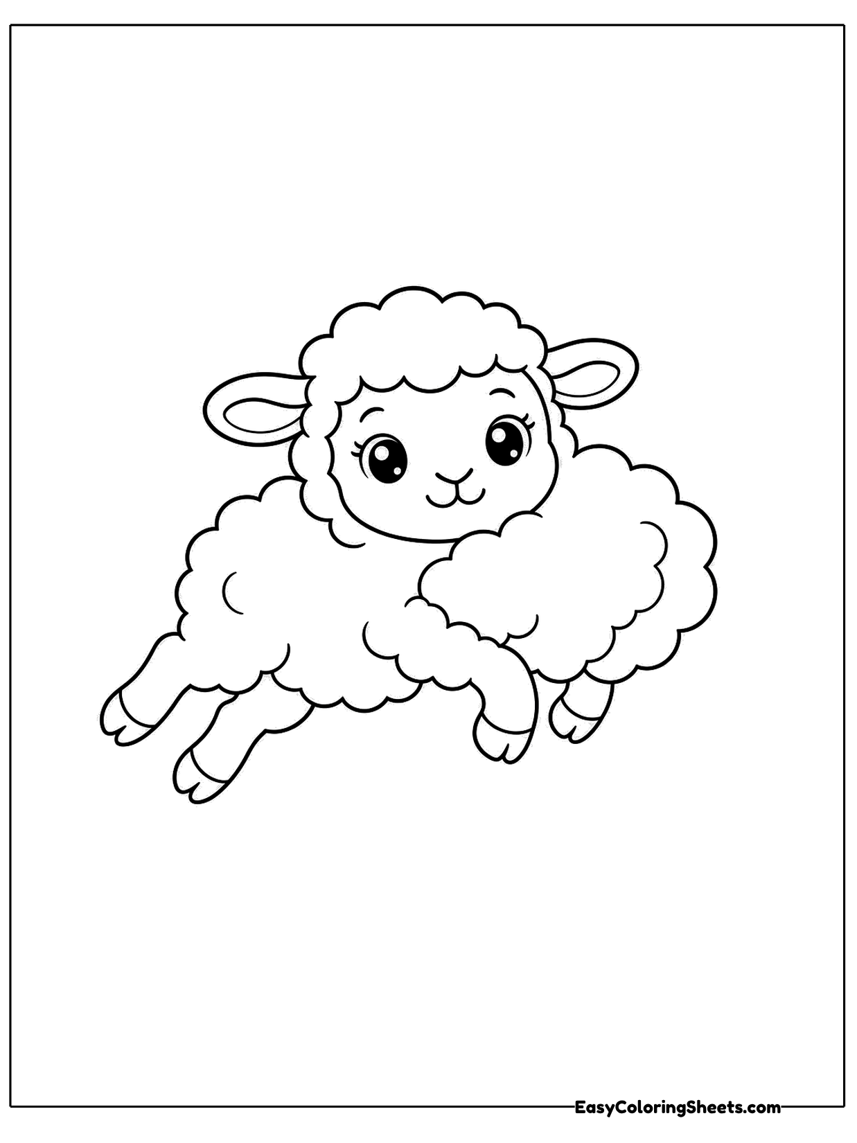 A bouncy sheep jumps with its front and back legs stretched out as if hopping over a fence.