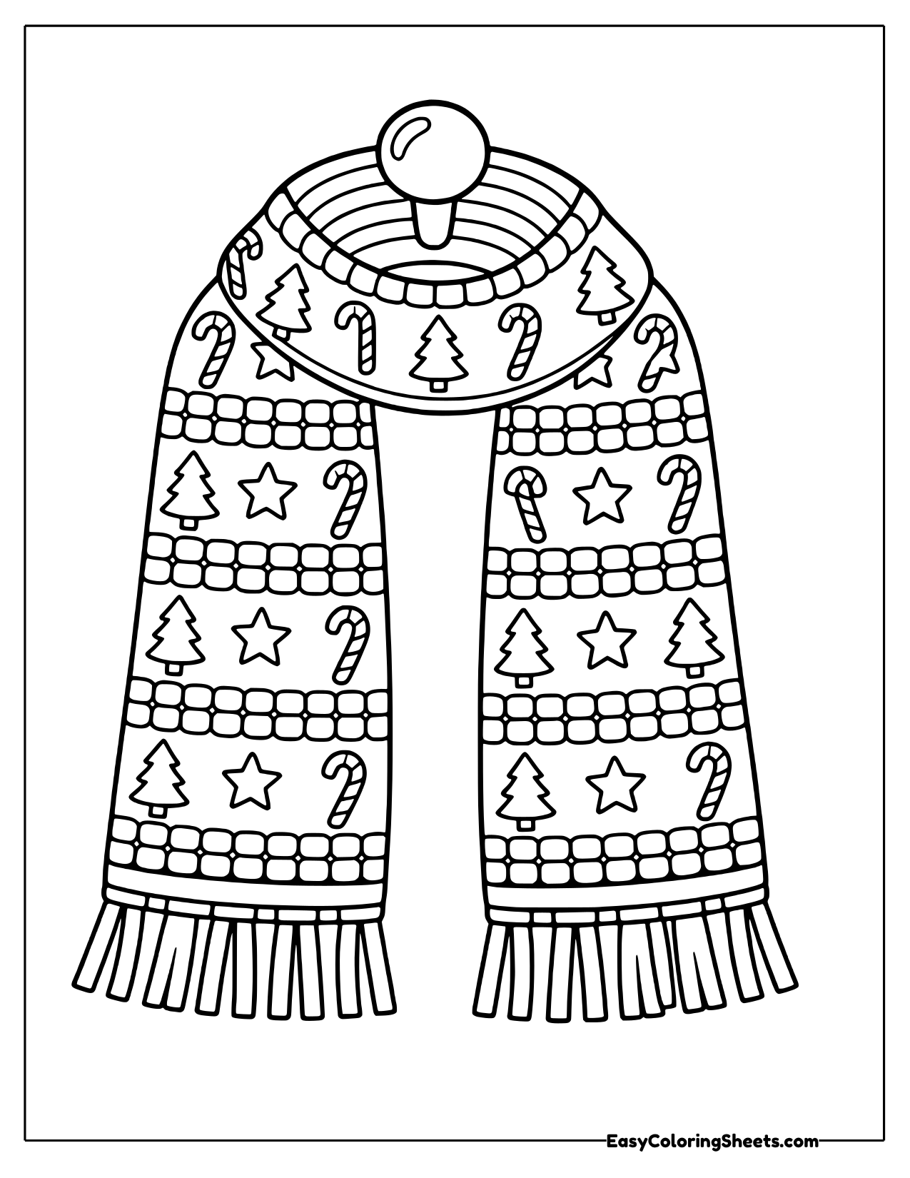 Long knitted scarf decorated with tiny trees and candy canes