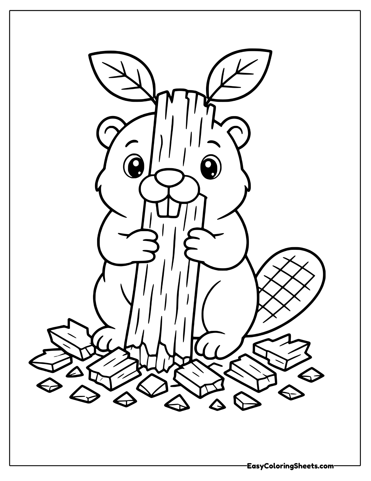 Beaver chewing on a tall log with wood chips around