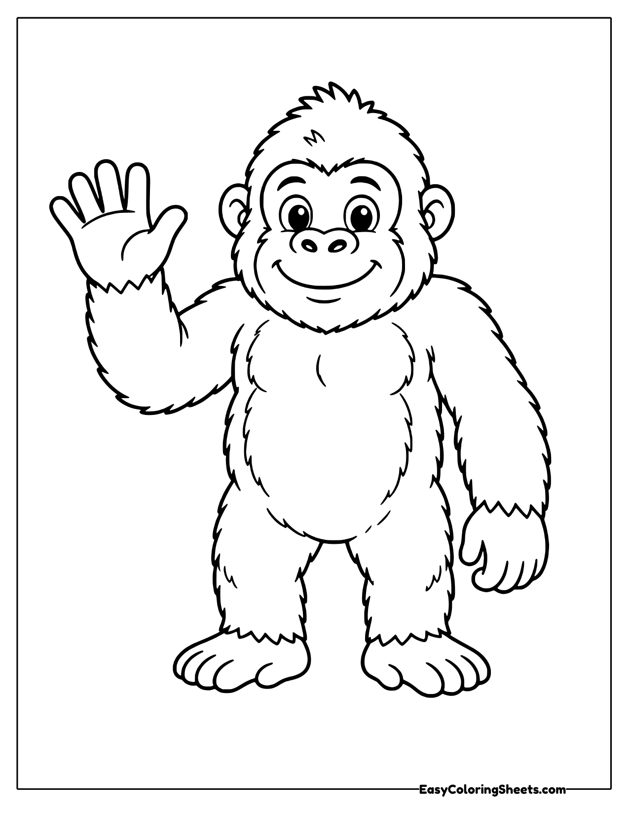 Standing gorilla raising one hand to wave hello