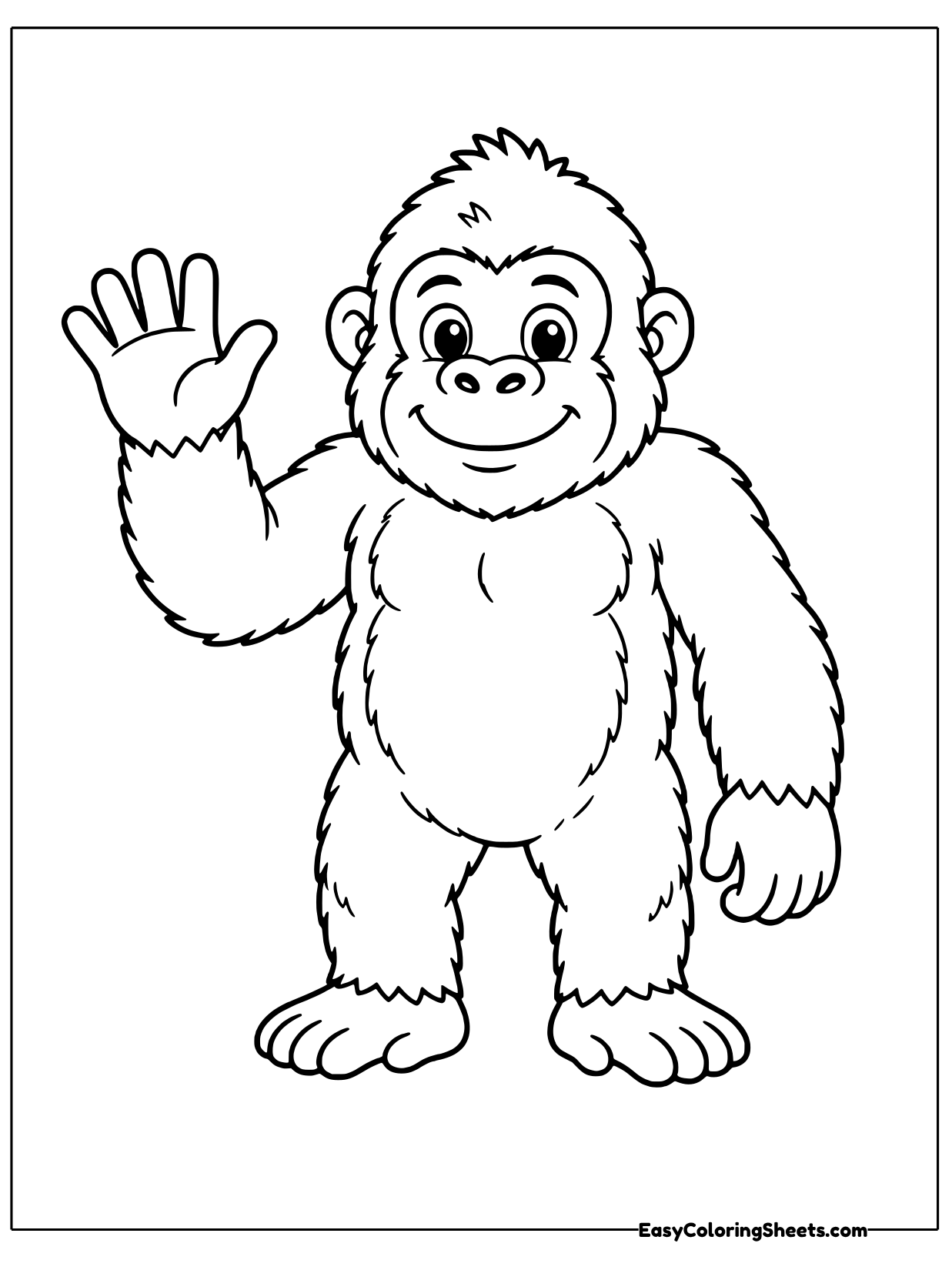 Standing on two legs, this friendly gorilla lifts one hand high in a wave.