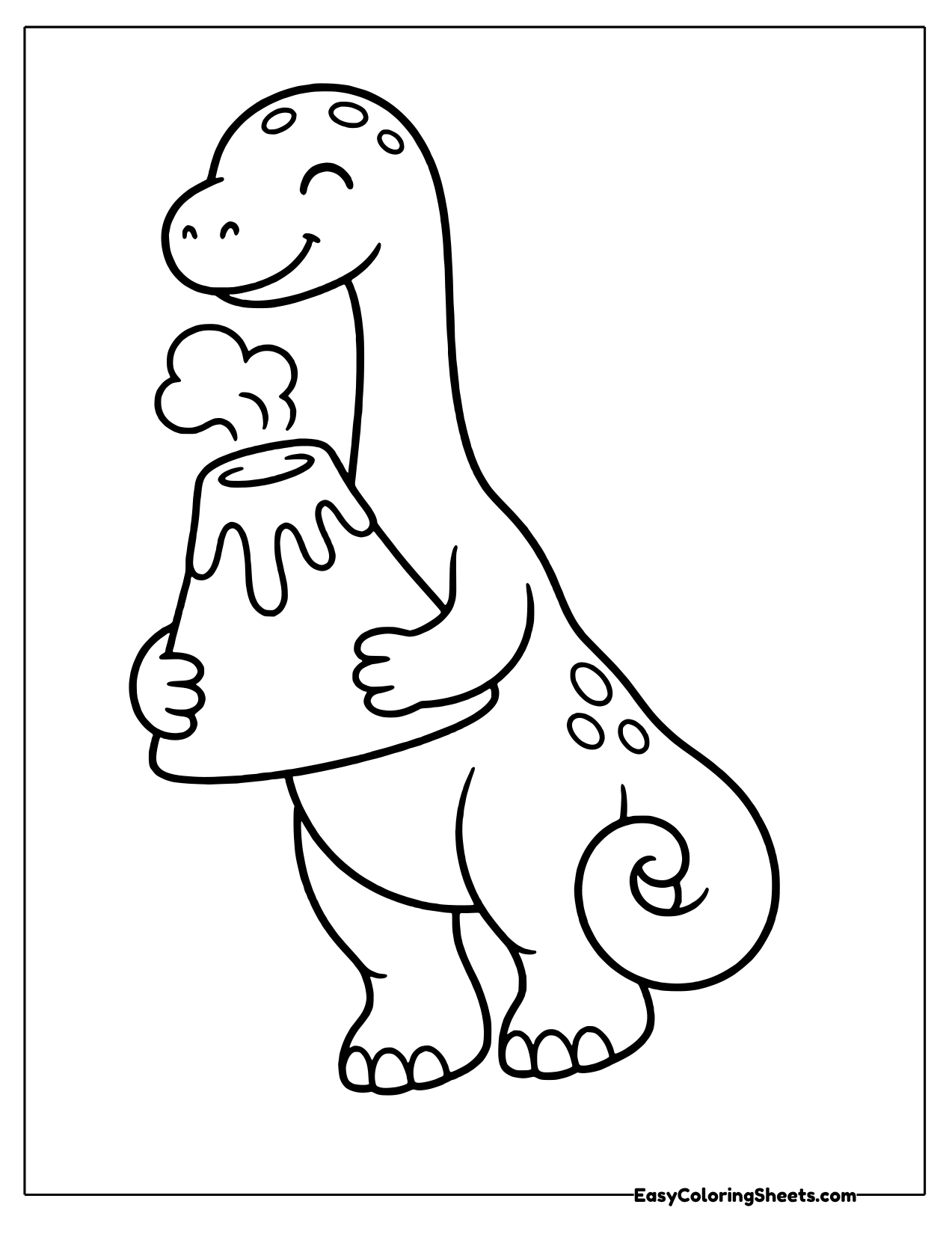 Long neck dinosaur hugging a small smoking volcano with lava drips
