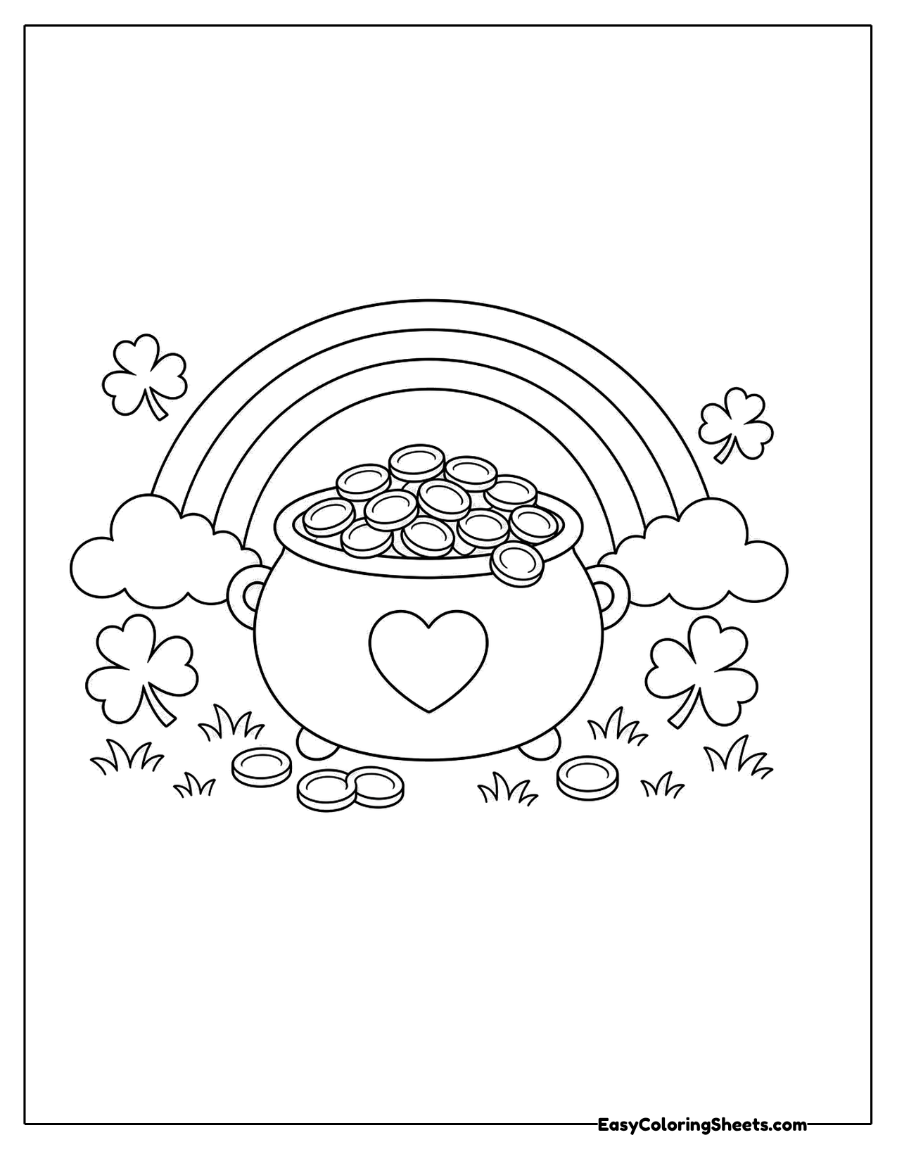 Pot of gold coins under a rainbow
