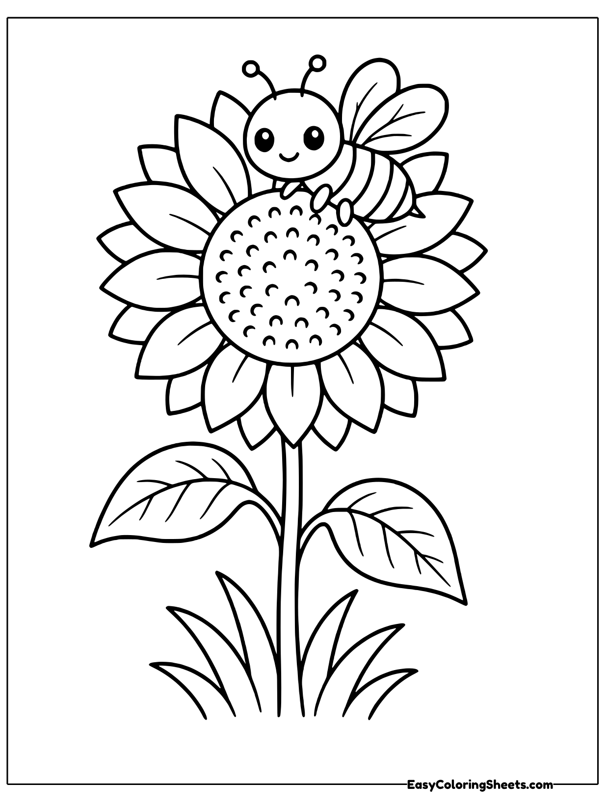 A bee sits on top of a tall sunflower with a big seed-filled center and leafy stem.