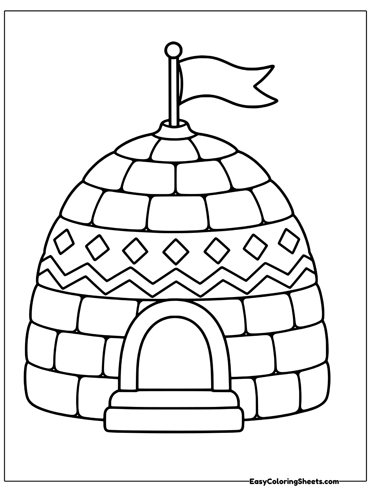 A band of diamonds and zigzags wraps around the middle of this igloo, and a flag flies from its top.