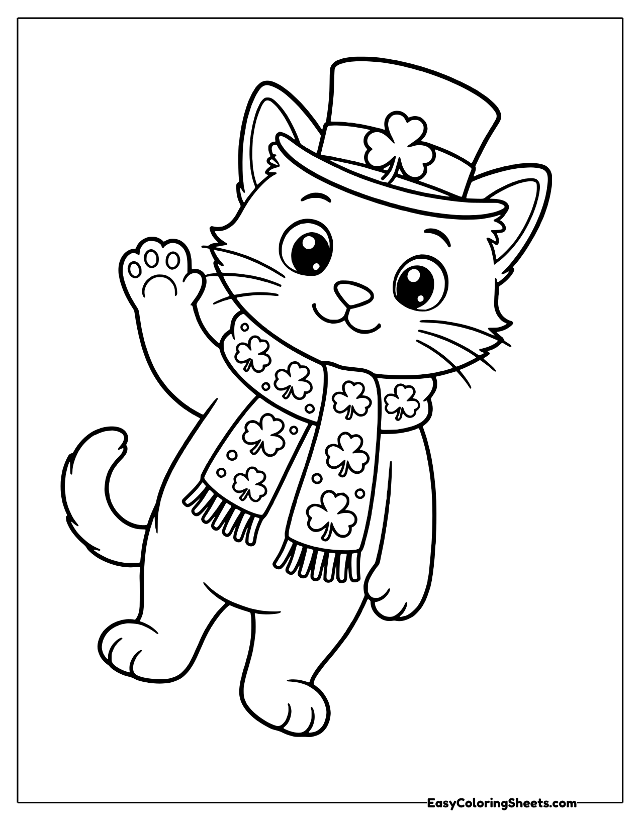 Waving kitten in a clover top hat and a shamrock patterned scarf
