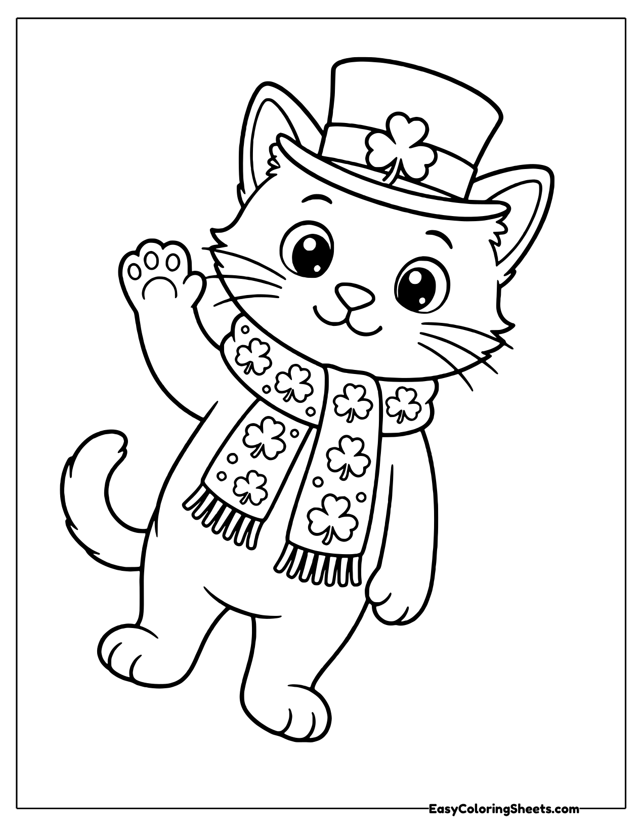 Waving kitten in a clover top hat and a shamrock patterned scarf