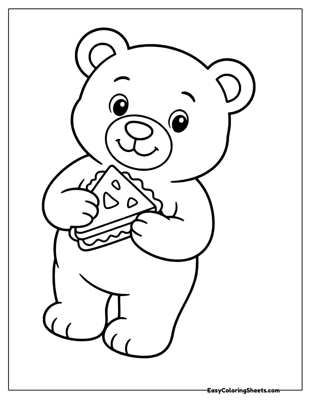 Tilted bear holding a triangle sandwich half