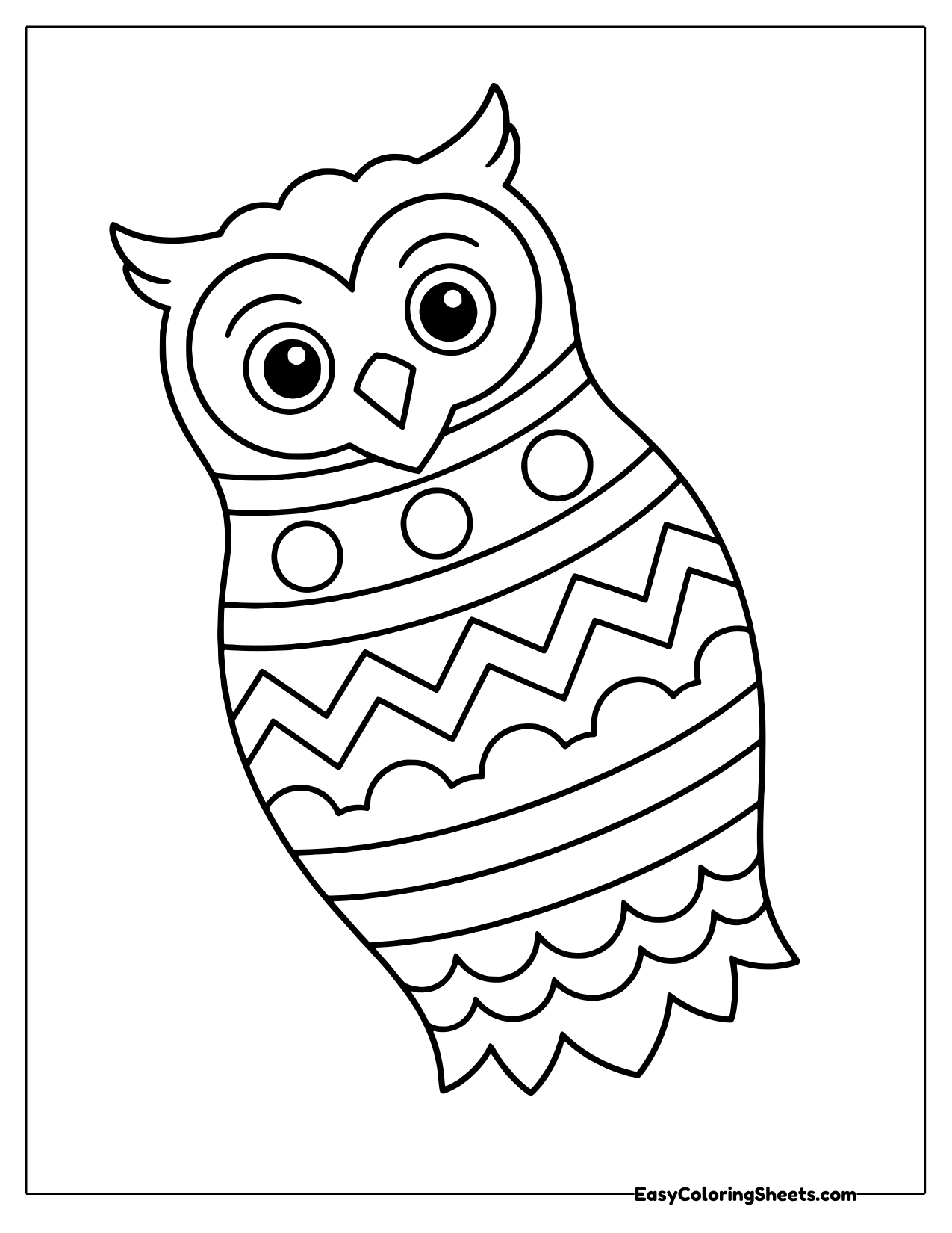 Tall owl divided into circle rows, zigzag bands and scalloped edges