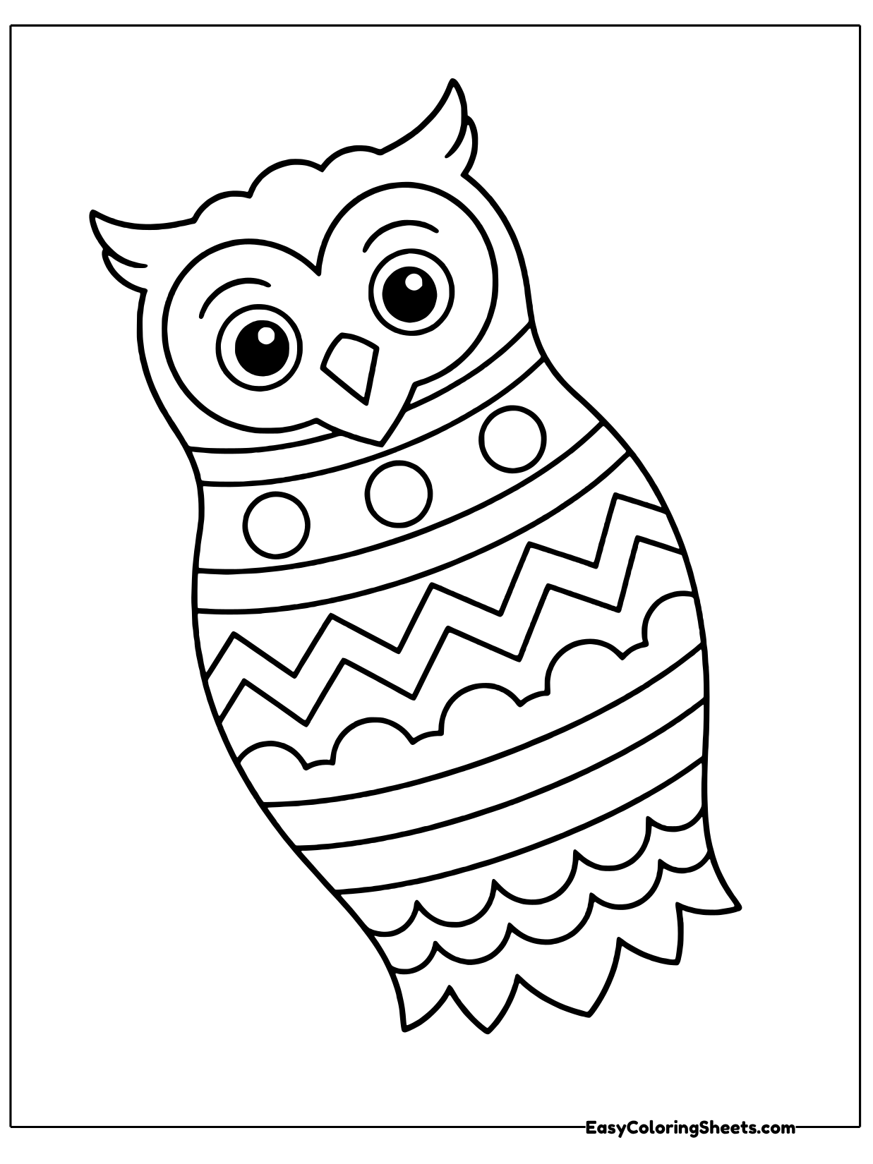 A tall owl is divided into big pattern sections, with a row of circles across its chest, wide zigzag bands down its body.