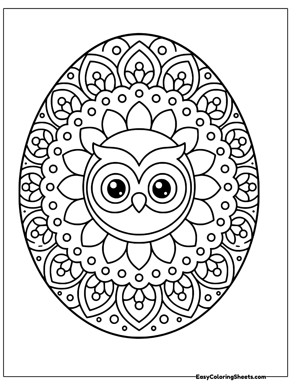 A round owl face with big eyes sits inside an oval mandala of layered petals and dots.